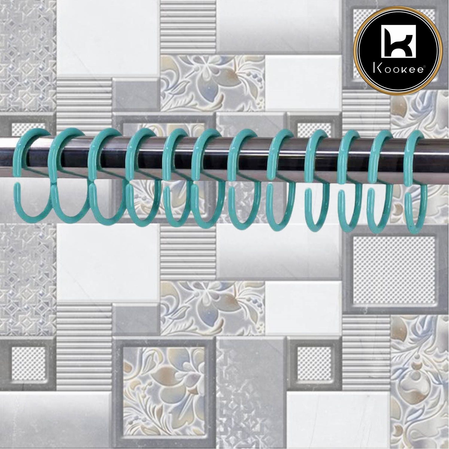Kookee Shower Curtain Rings, 12 C shape Hooks - (JS160913) Turquoise