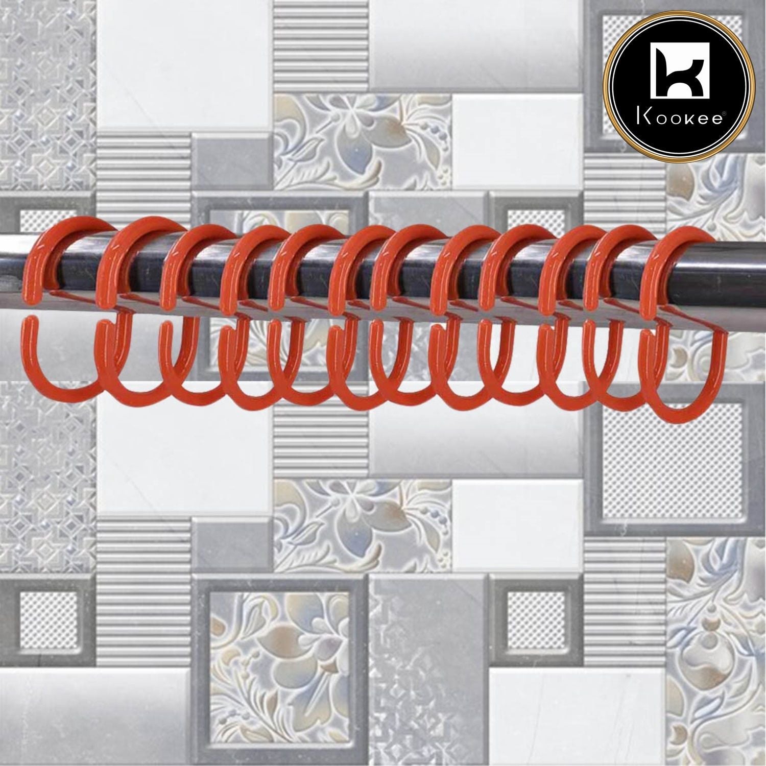 Kookee Shower Curtain Rings, 12 C shape Hooks - (JS160913) Orange