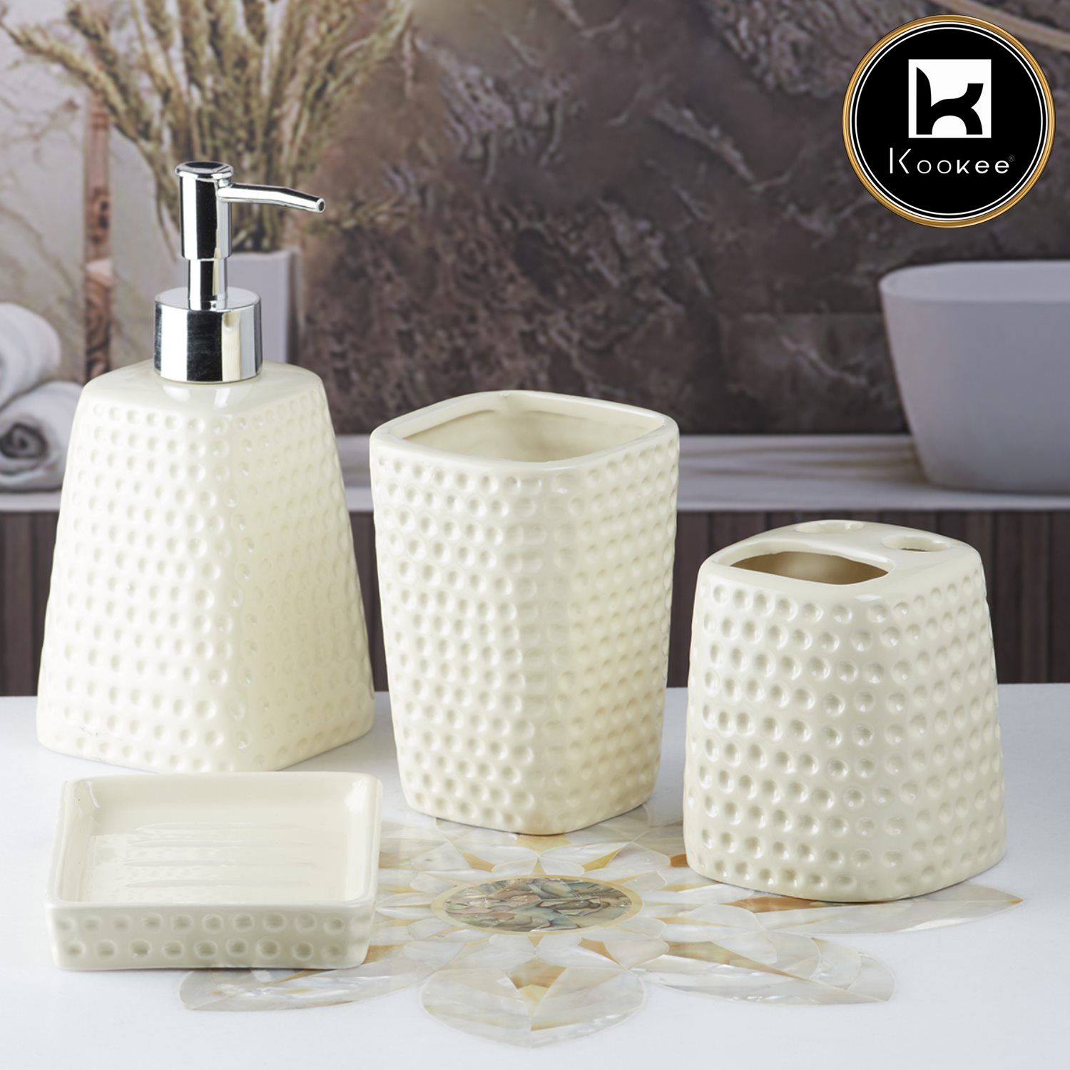 Ceramic Bathroom Accessories Set of 4 with Soap Dispenser (8154)