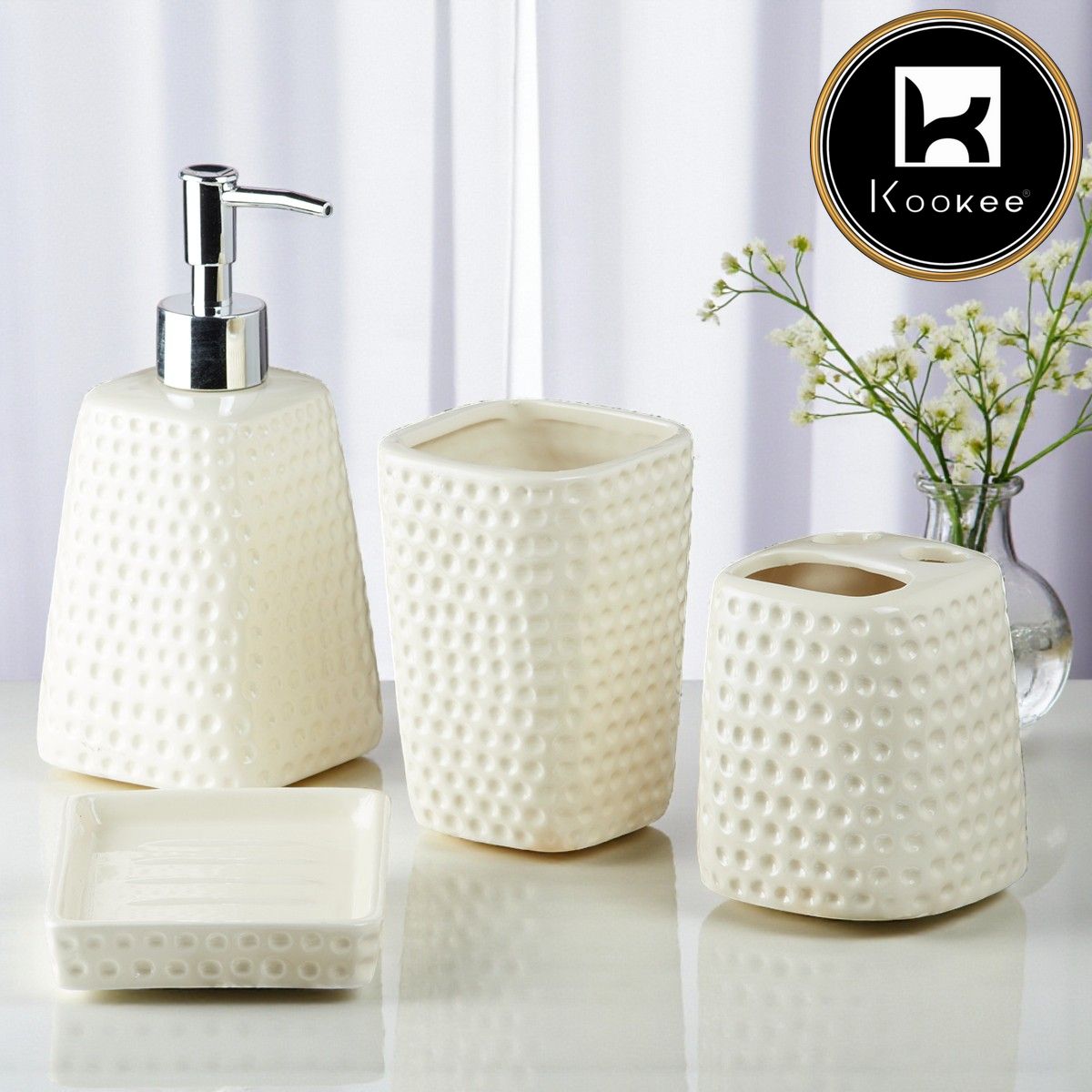 Ceramic Bathroom Accessories Set of 4 with Soap Dispenser (8154)