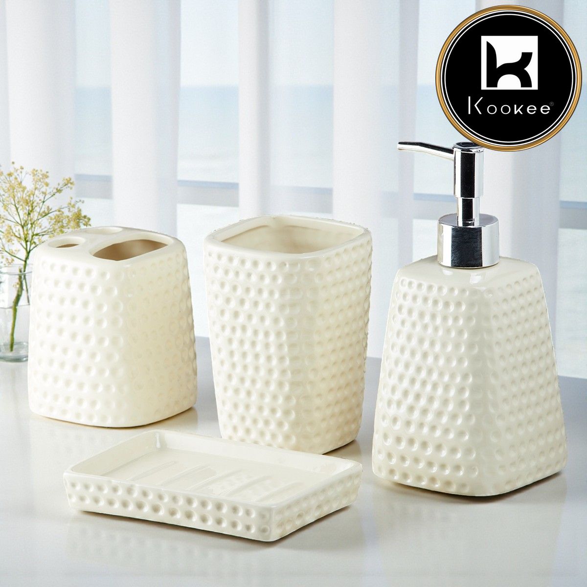 Ceramic Bathroom Accessories Set of 4 with Soap Dispenser (8154)