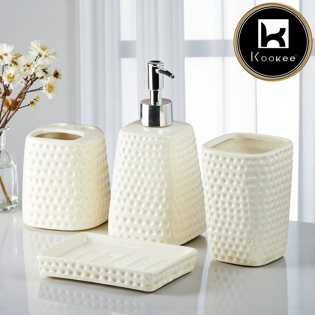 Ceramic Bathroom Accessories Set of 4 with Soap Dispenser (8154)
