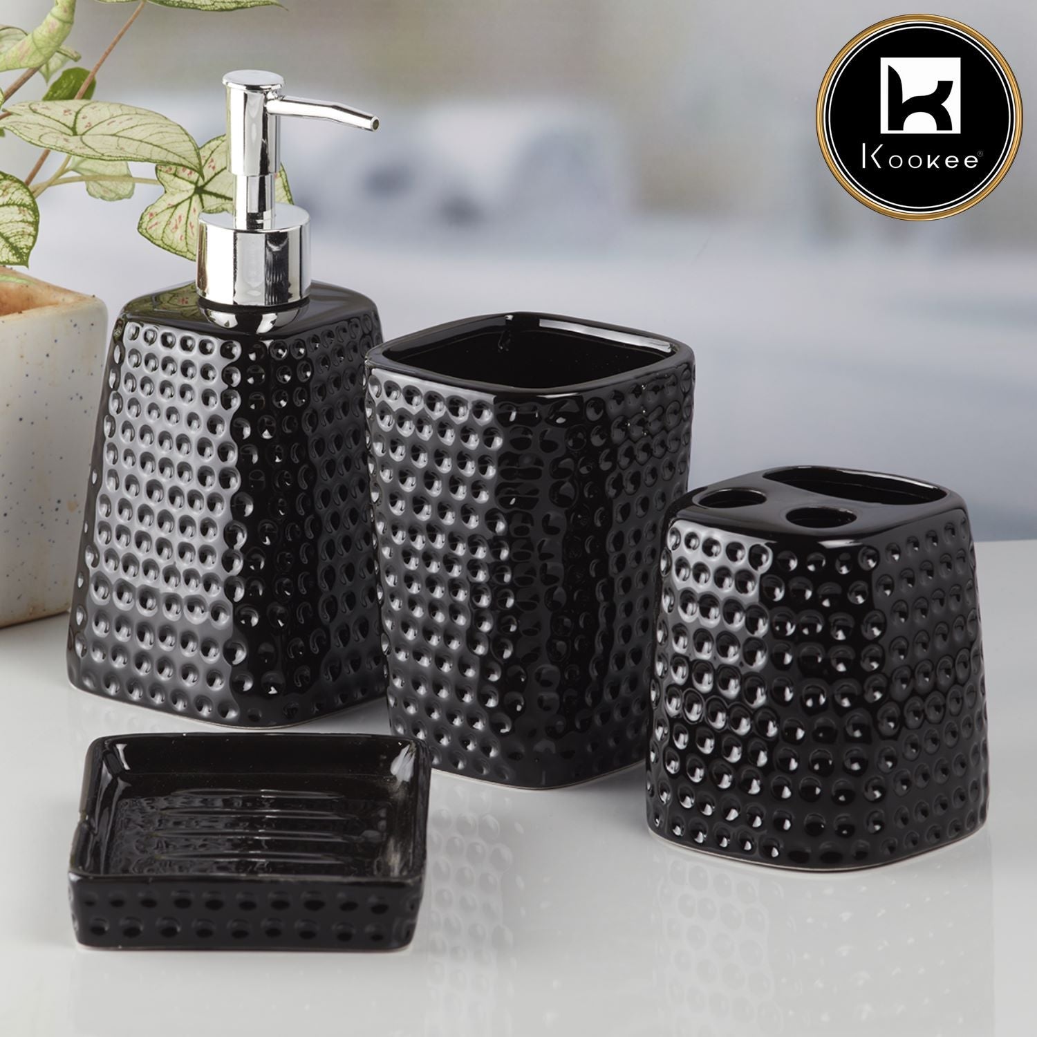 Kookee Ceramic Bathroom Accessories Set of 4, Modern Bath Set with Liquid handwash Soap Dispenser and Toothbrush holder, Luxury Gift Accessory for Home, Black