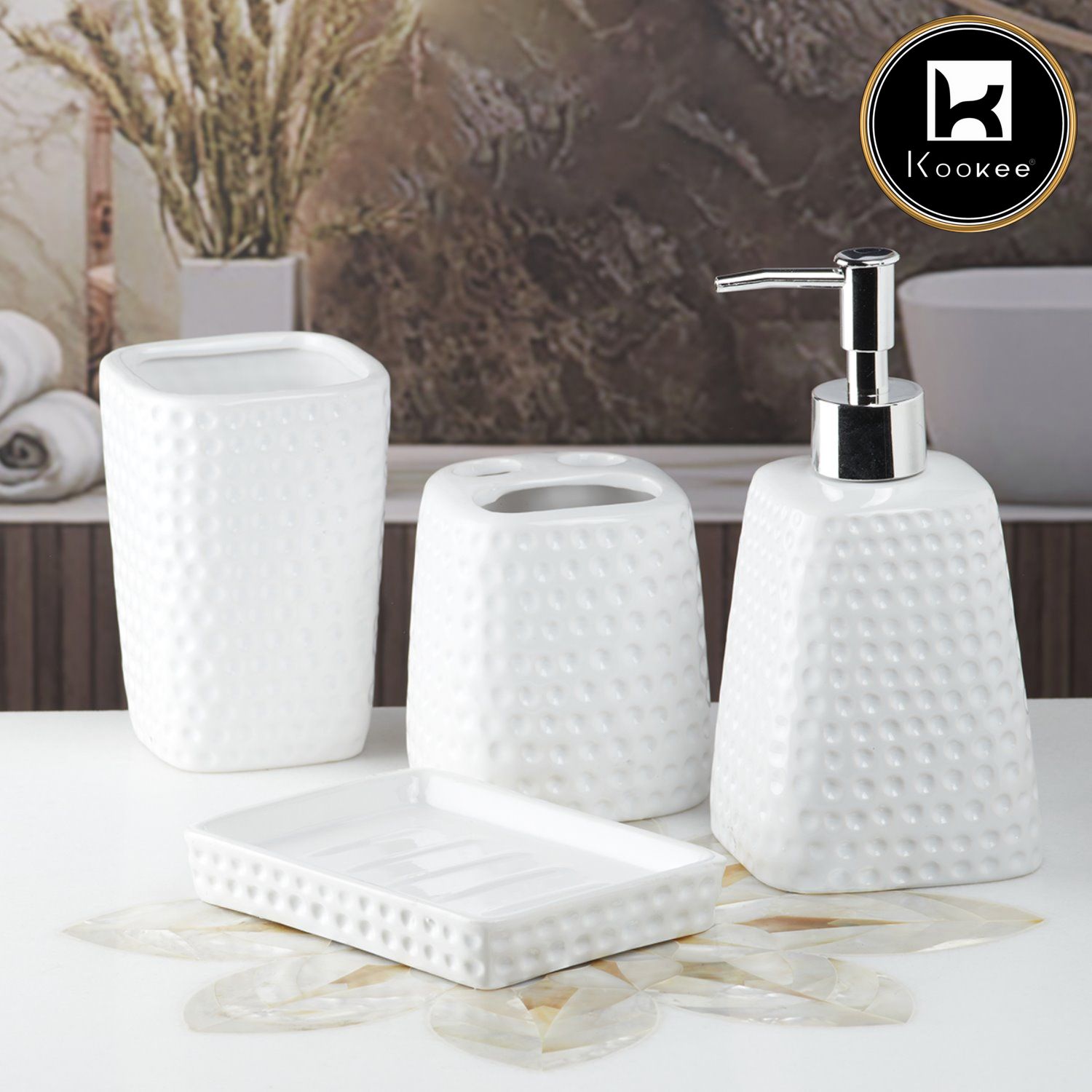 Ceramic Bathroom Accessories Set of 4 with Soap Dispenser (8157)