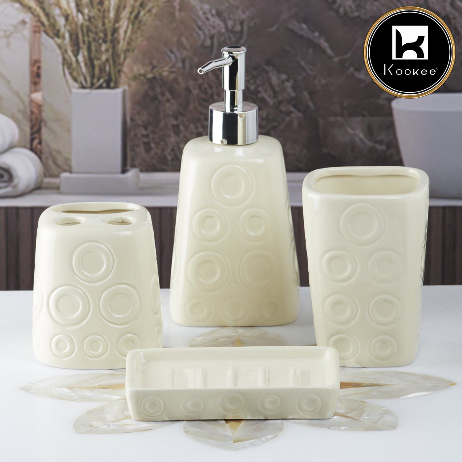 Kookee Ceramic Bathroom Accessories Set of 4, Modern Bath Set with Liquid handwash Soap Dispenser and Toothbrush holder, Luxury Gift Accessory for Home, Off White