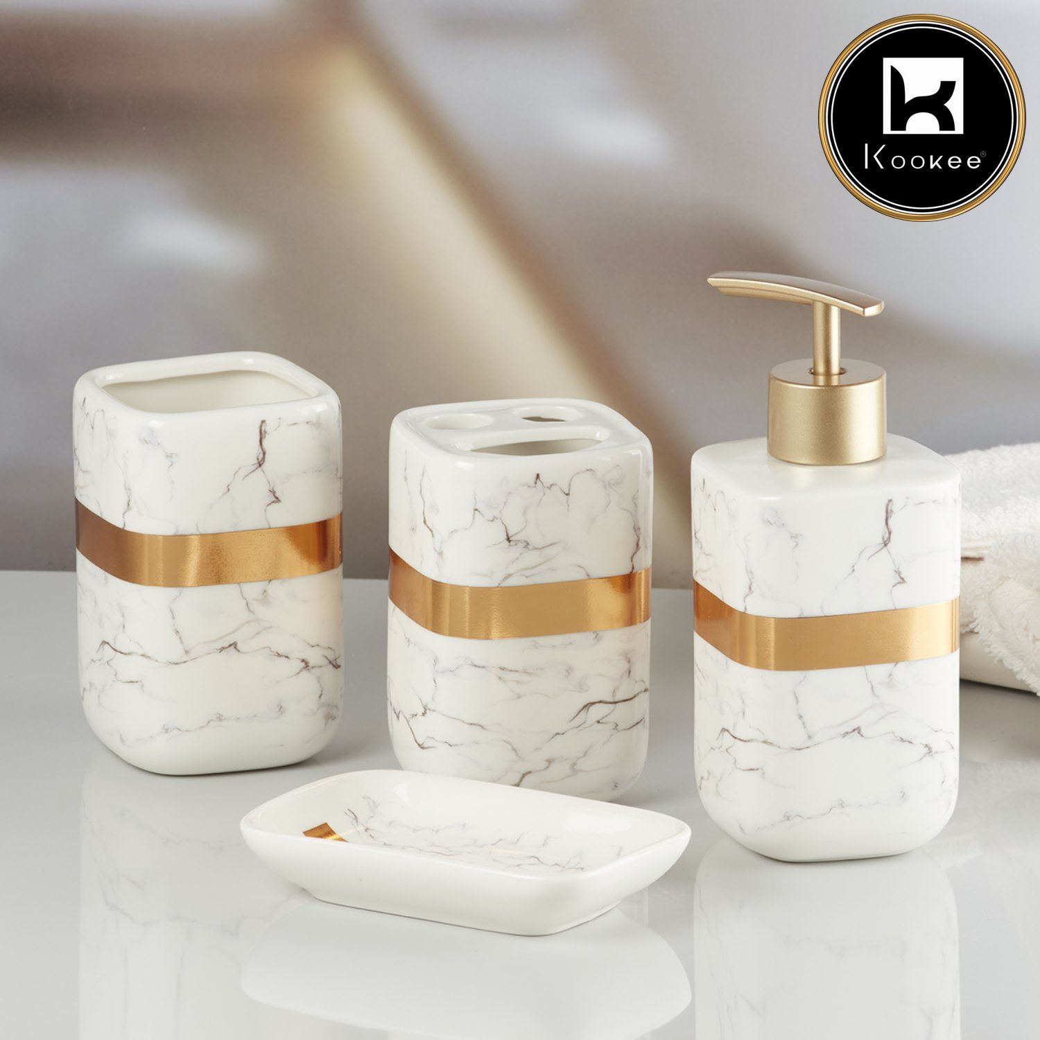 Ceramic Bathroom Set of 4 with Soap Dispenser (V-CBS-006-5)