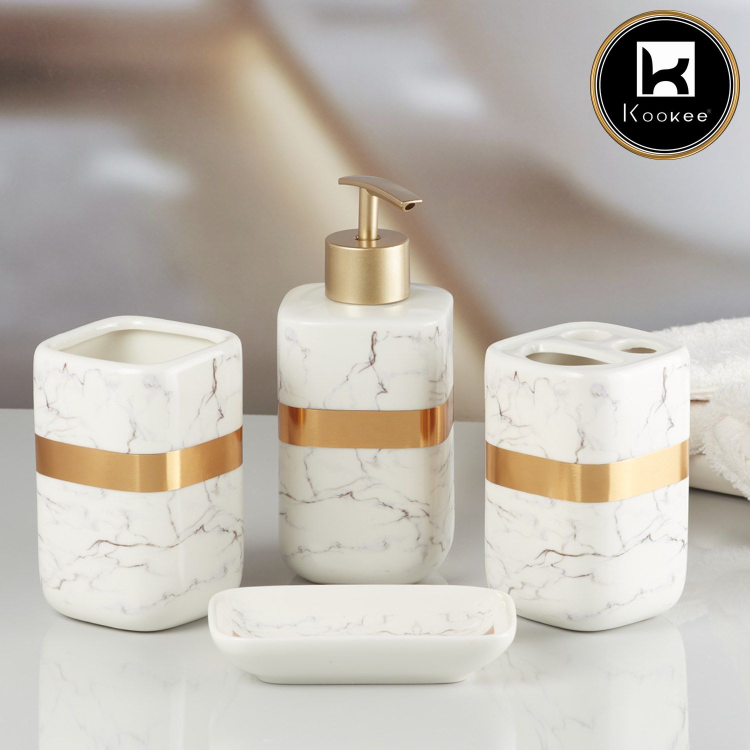 Ceramic Bathroom Set of 4 with Soap Dispenser (8164)