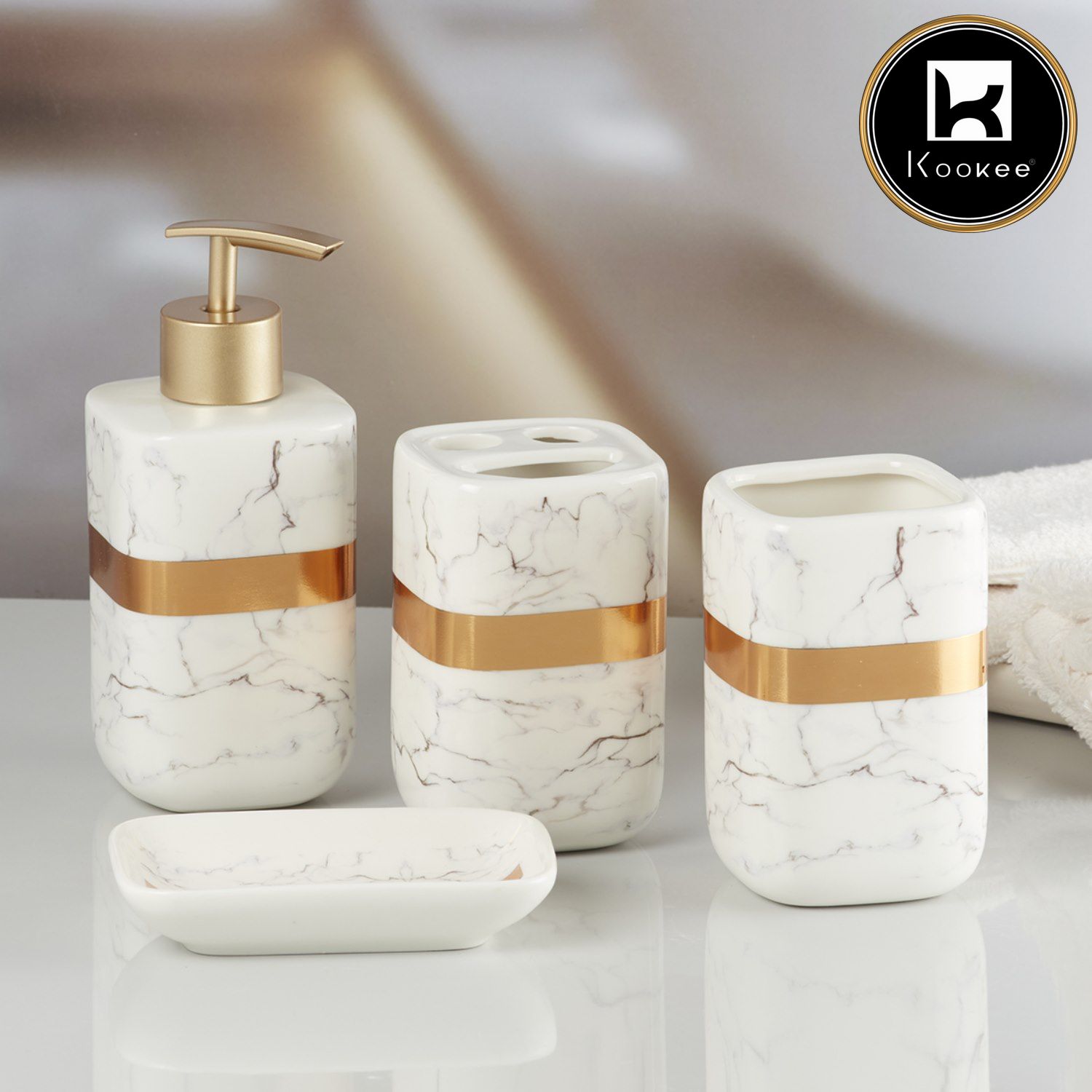 Ceramic Bathroom Set of 4 with Soap Dispenser (8164)