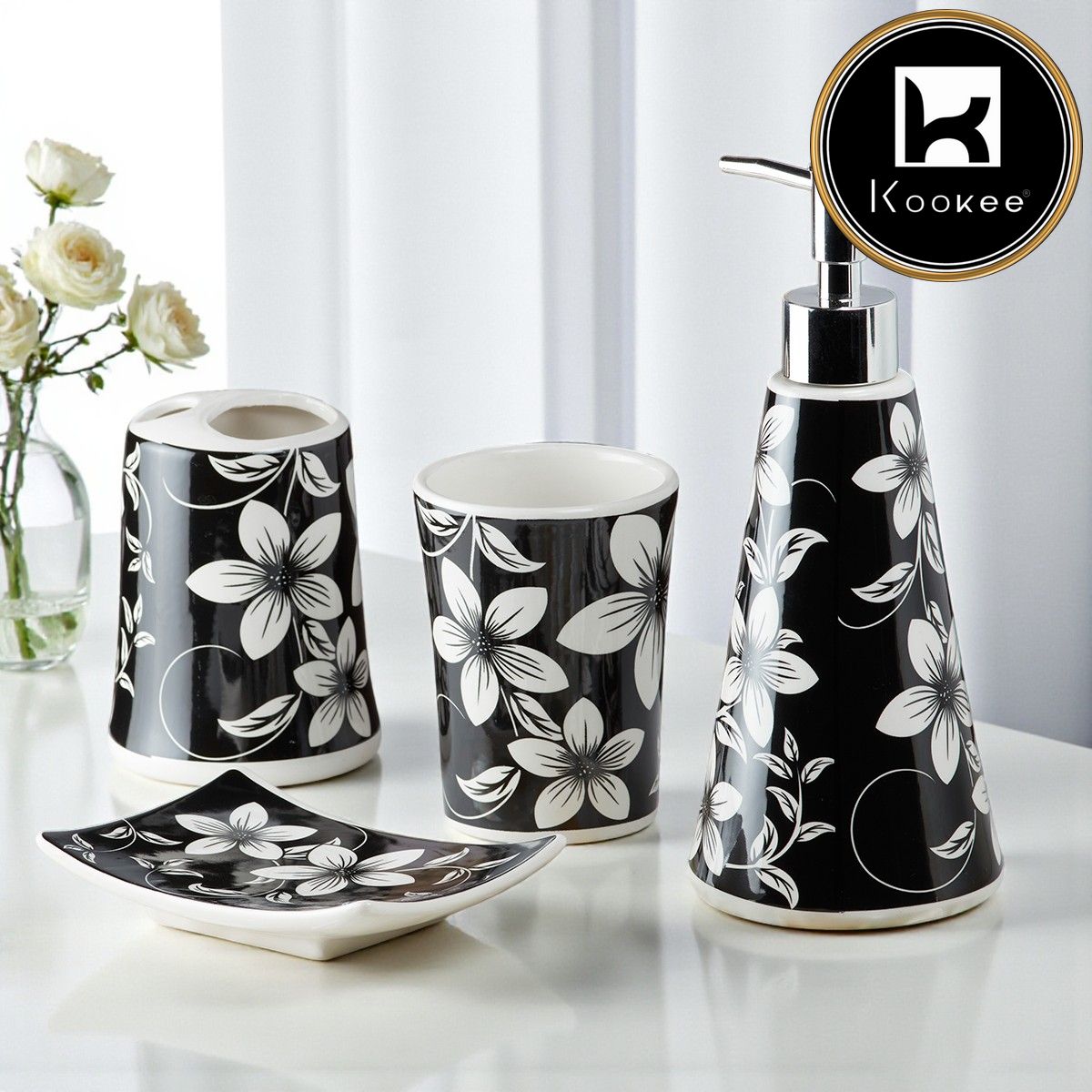 Ceramic Bathroom Set of 4 with Soap Dispenser (8168)