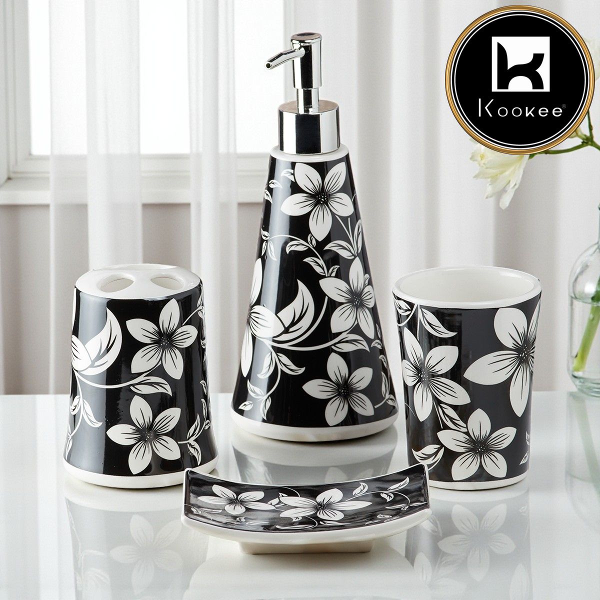 Ceramic Bathroom Set of 4 with Soap Dispenser (8168)