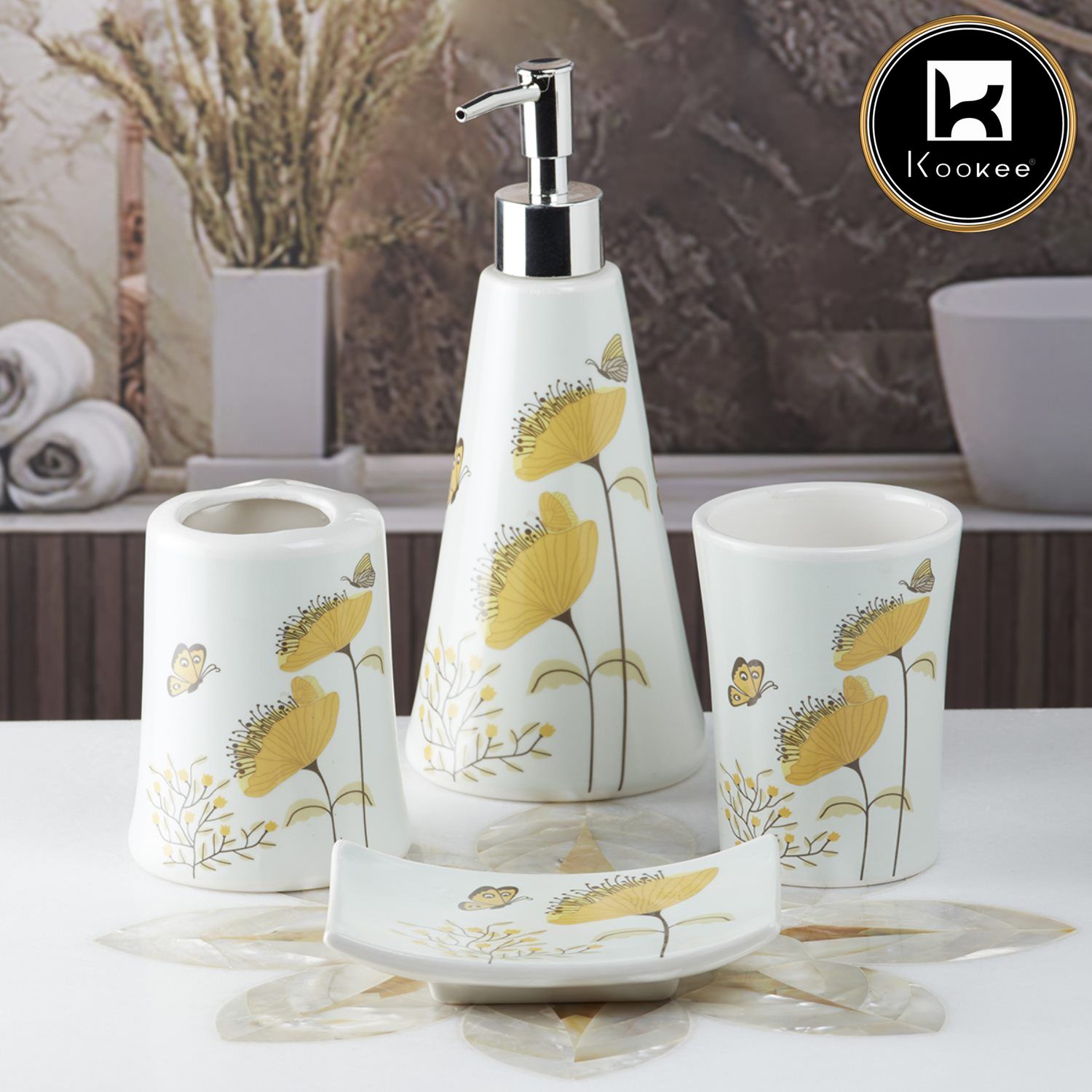 Ceramic Bathroom Accessories Set of 4 with Soap Dispenser (8172)