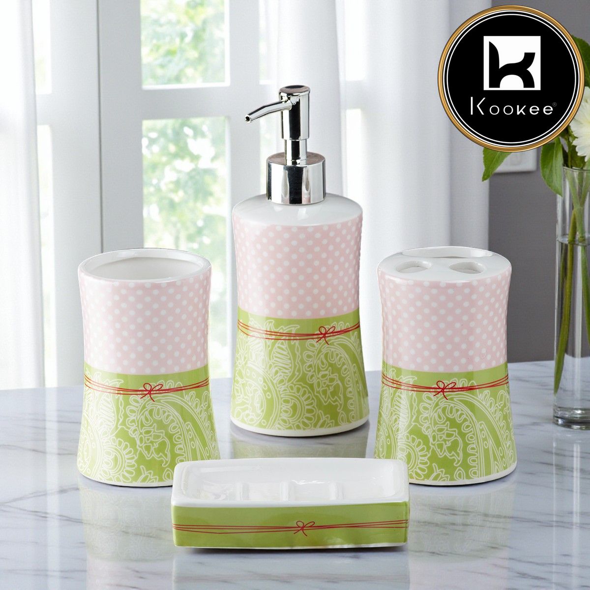 Kookee Ceramic Bathroom Set of 4 with Soap Dispenser (8173)