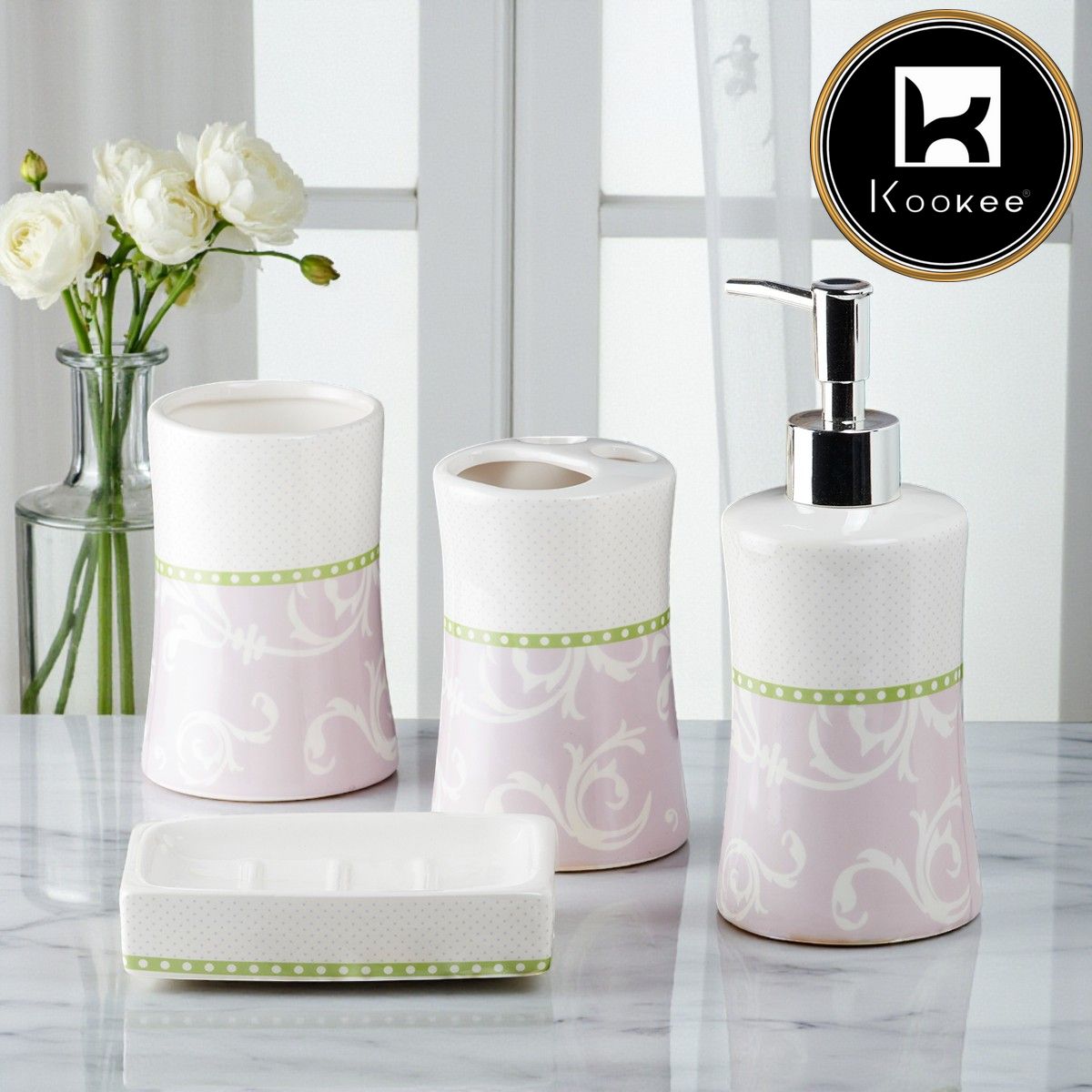 Ceramic Bathroom Set of 4 with Soap Dispenser (8175)