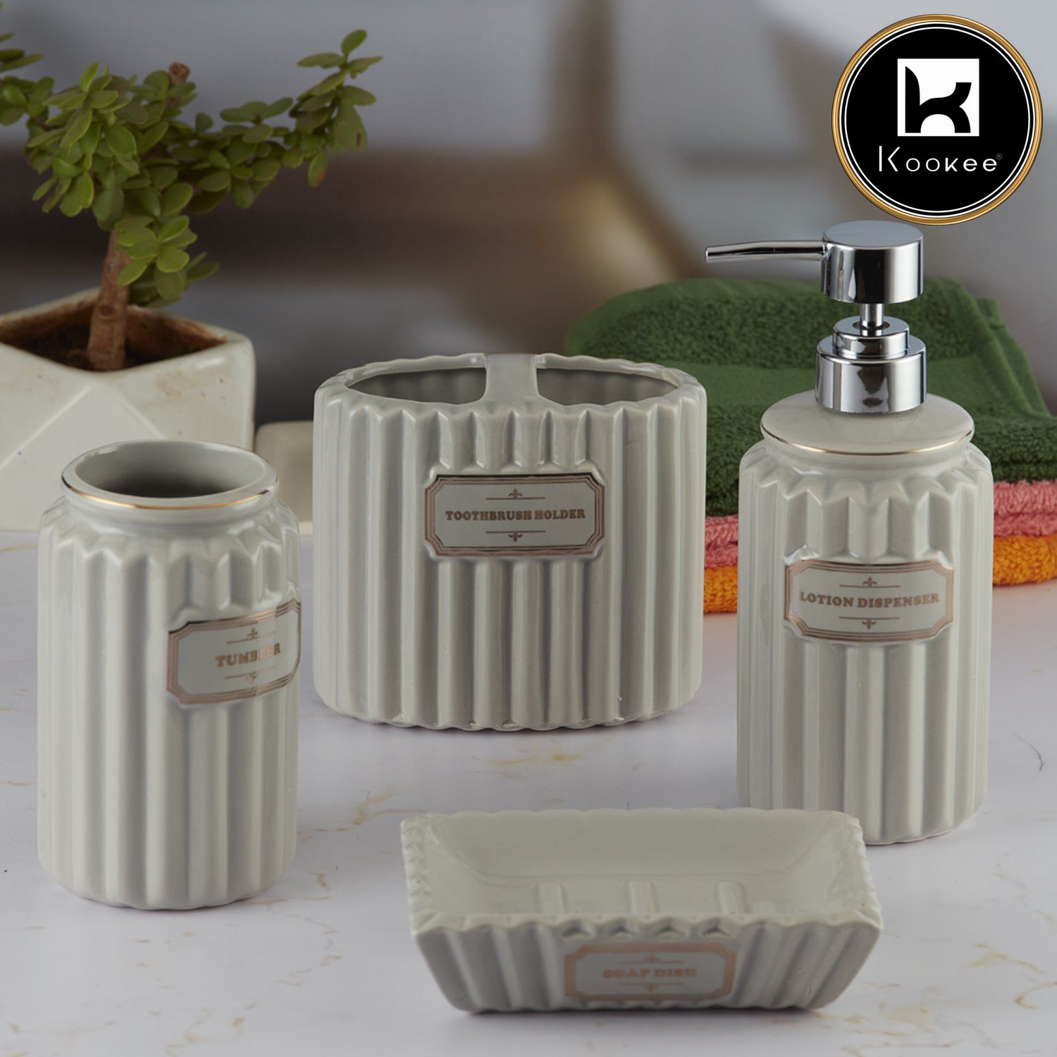 Ceramic Bathroom Accessories Set of 4 with Soap Dispenser (8177)