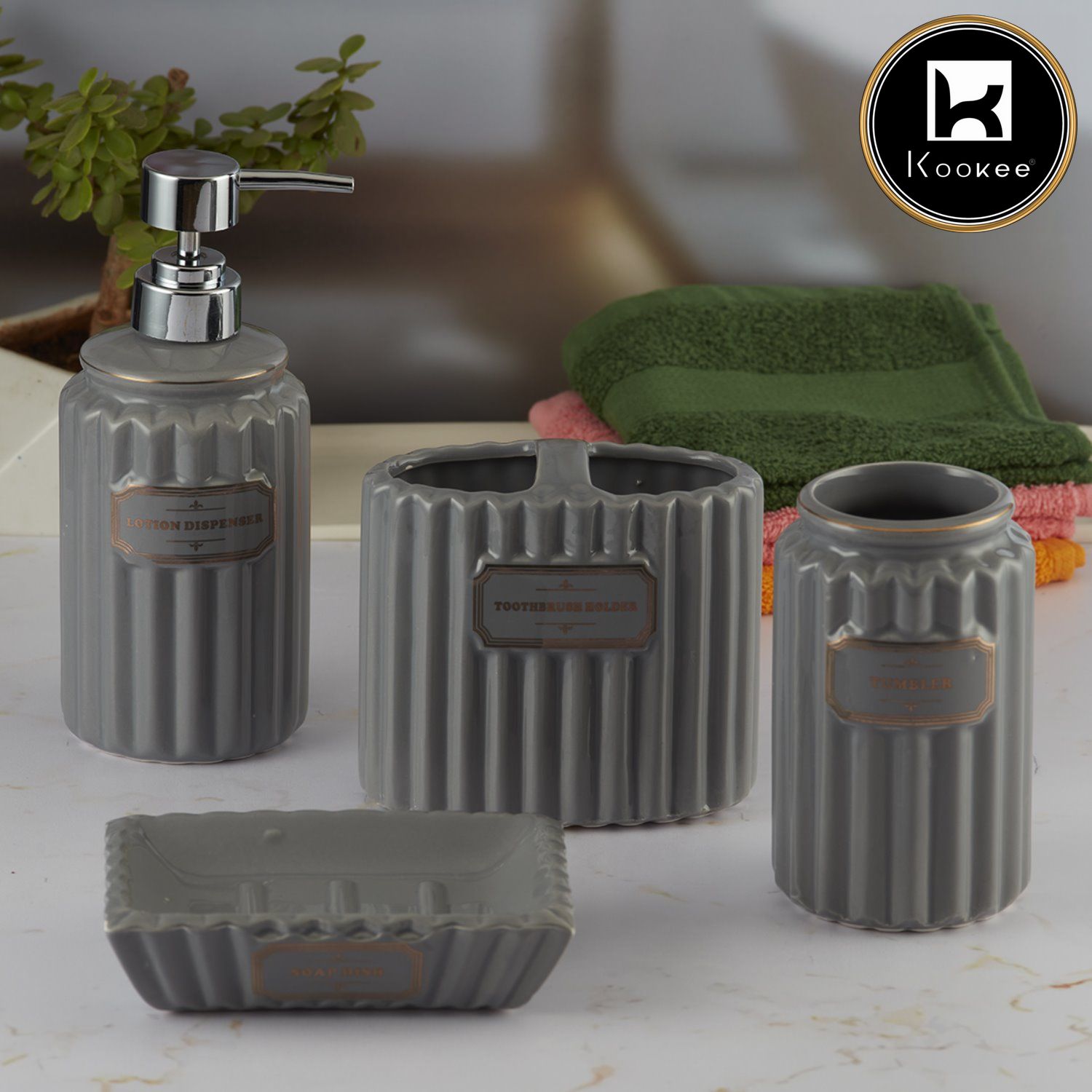 Kookee Ceramic Bathroom Accessories Set of 4, Modern Bath Set with Liquid handwash Soap Dispenser and Toothbrush holder, Luxury Gift Accessory for Home, Grey