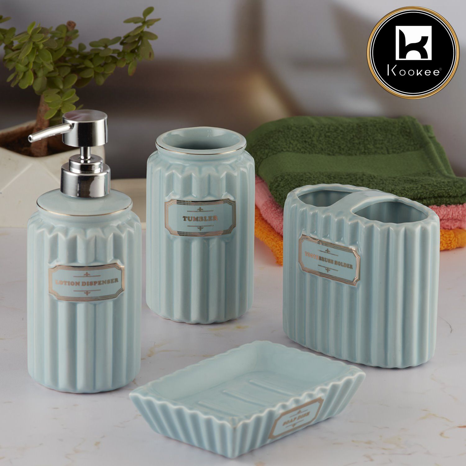 Ceramic Bathroom Accessories Set of 4 with Soap Dispenser (8184)