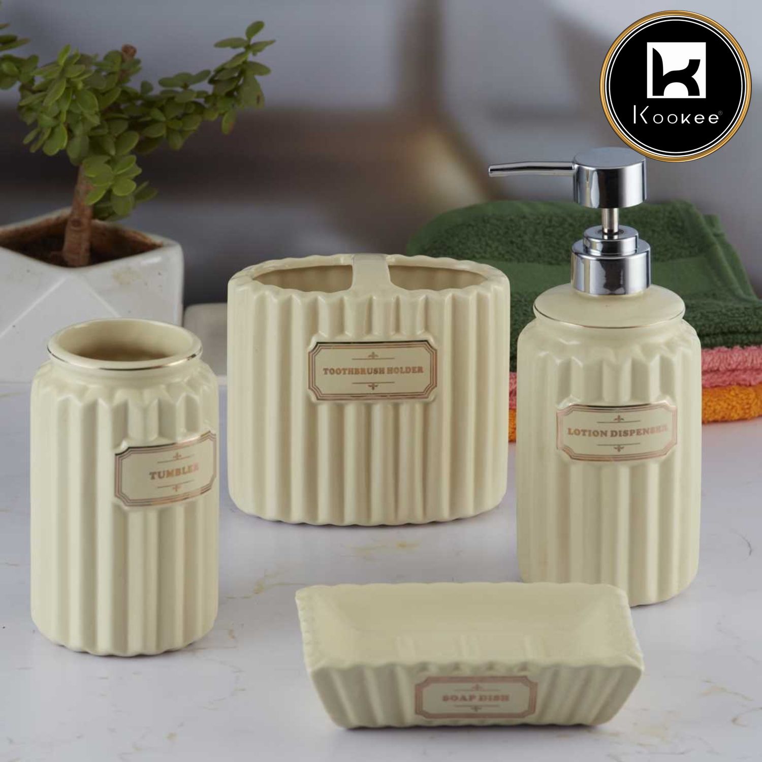 Ceramic Bathroom Accessories Set of 4 with Soap Dispenser (8185)