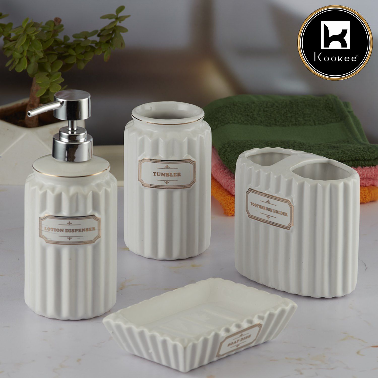 Ceramic Bathroom Accessories Set of 4 with Soap Dispenser (8186)