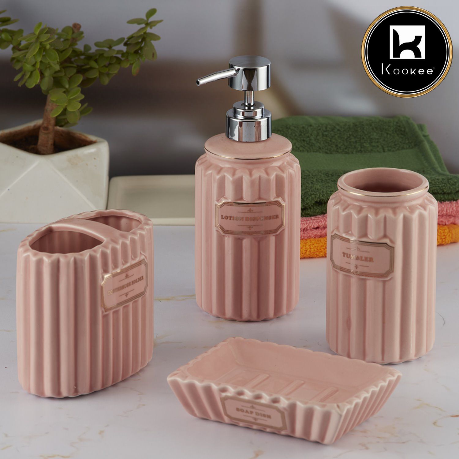 Ceramic Bathroom Accessories Set of 4 with Soap Dispenser (8187)