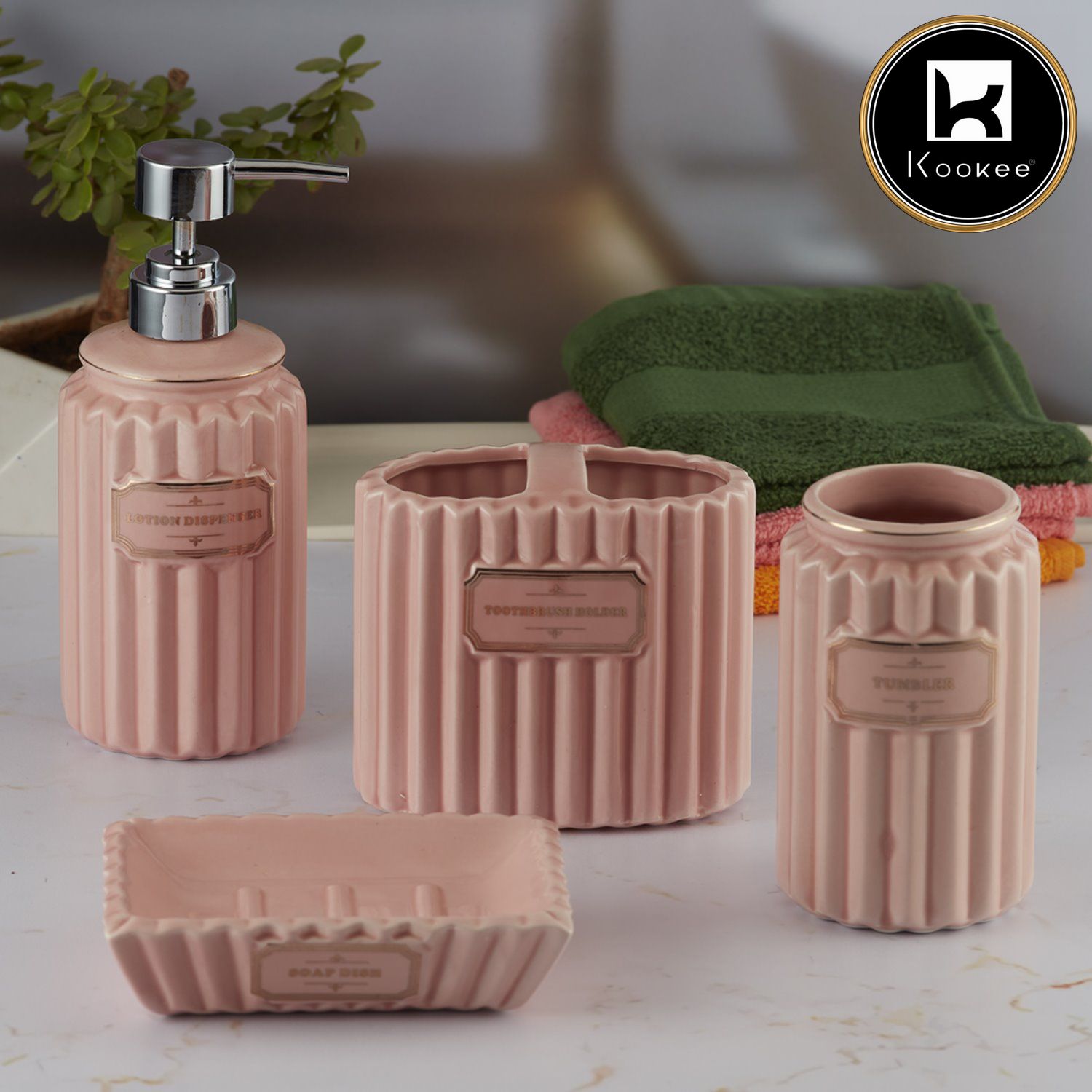 Kookee Ceramic Bathroom Accessories Set of 4, Modern Bath Set with Liquid handwash Soap Dispenser and Toothbrush holder, Luxury Gift Accessory for Home, Pink