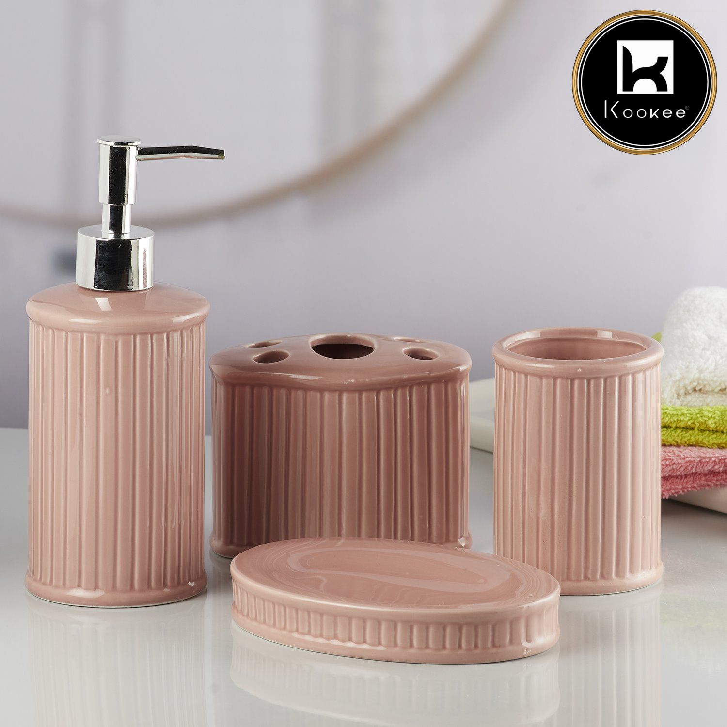 Kookee Ceramic Bathroom Accessories Set of 4, Modern Bath Set with Liquid handwash Soap Dispenser and Toothbrush holder, Luxury Gift Accessory for Home, Pink