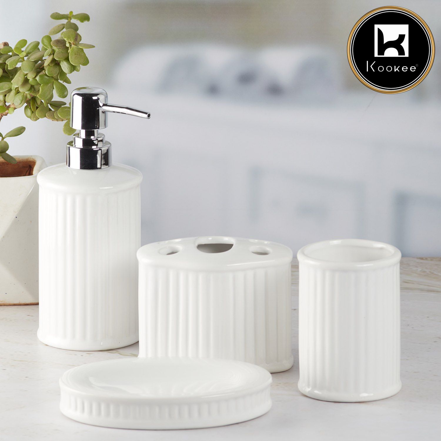 Kookee Ceramic Bathroom Accessories Set of 4, Modern Bath Set with Liquid handwash Soap Dispenser and Toothbrush holder, Luxury Gift Accessory for Home, White