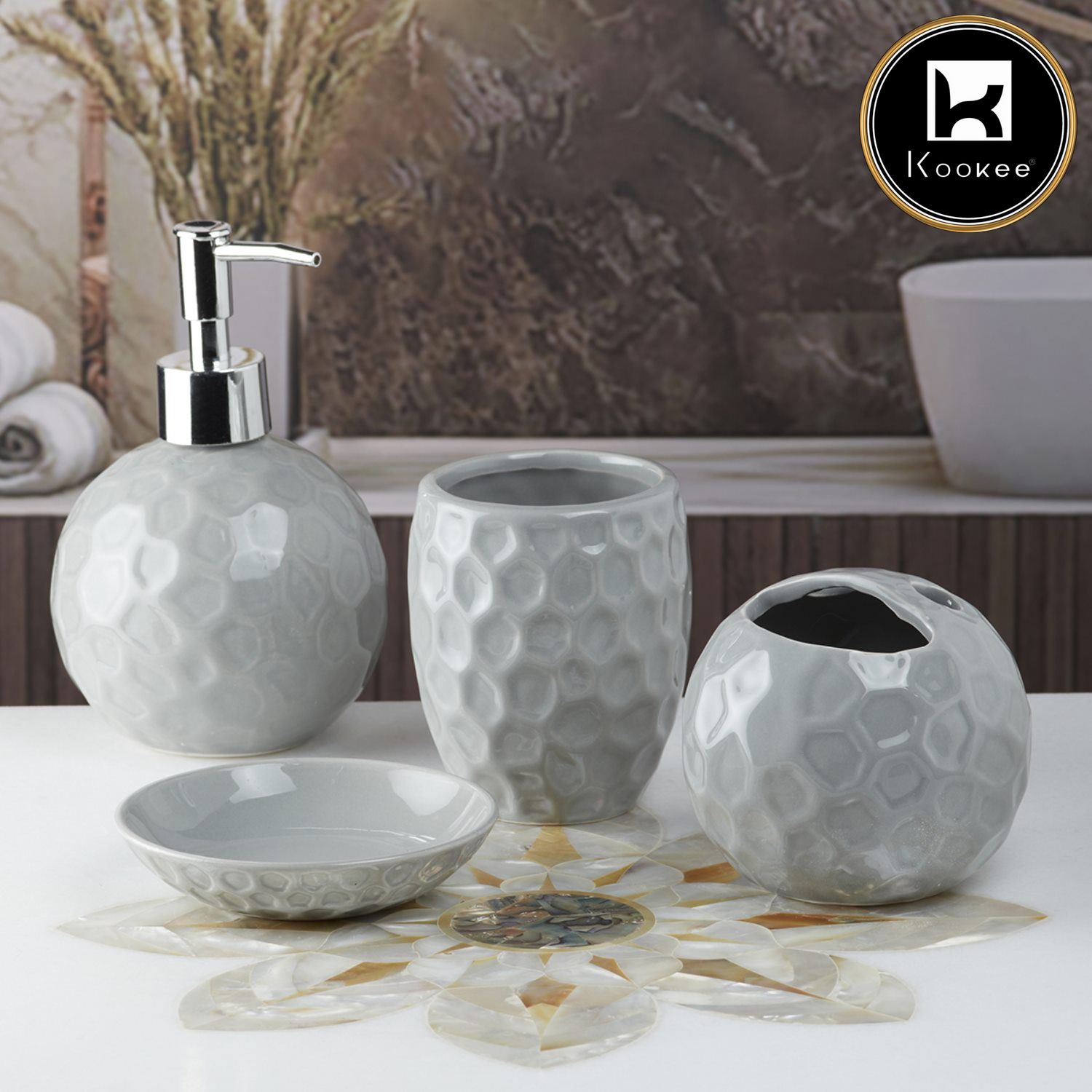 Ceramic Bathroom Set of 4 with Soap Dispenser (8203)