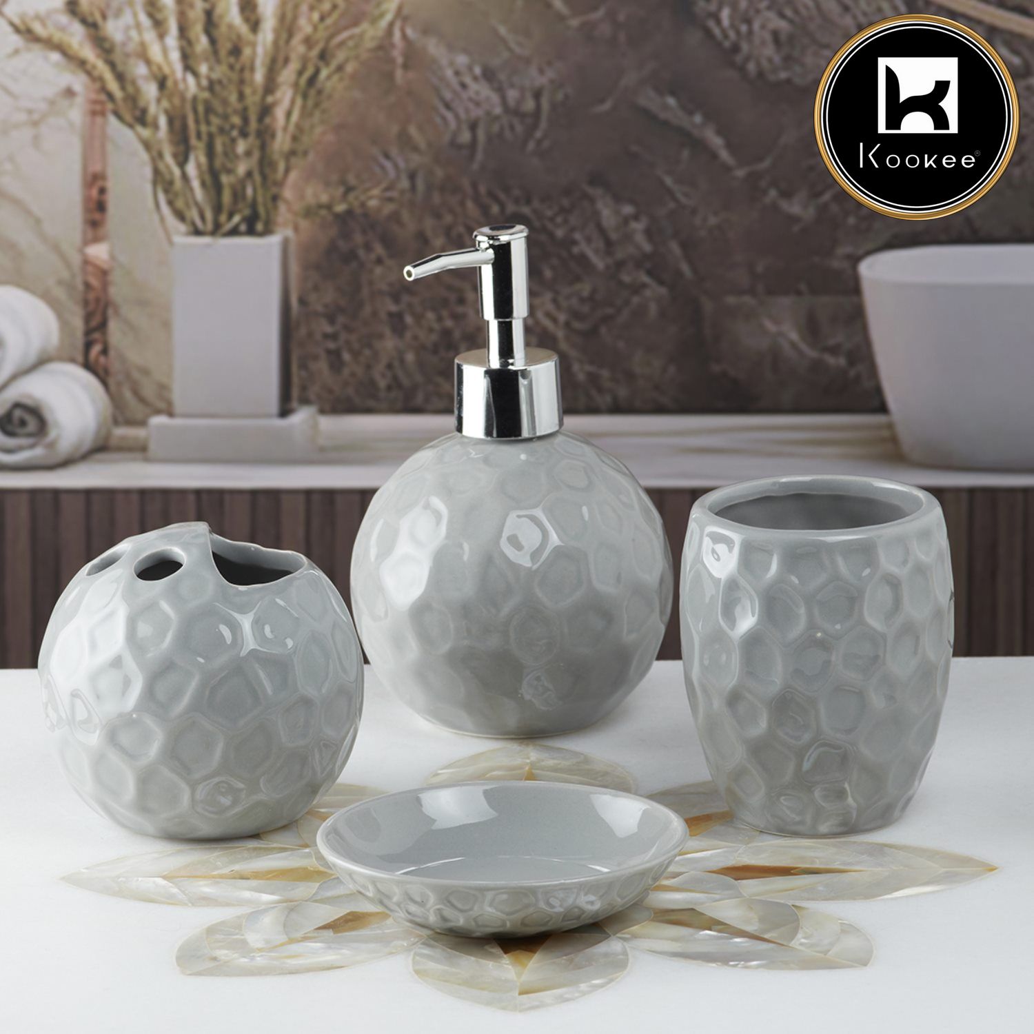 Ceramic Bathroom Set of 4 with Soap Dispenser (8203)