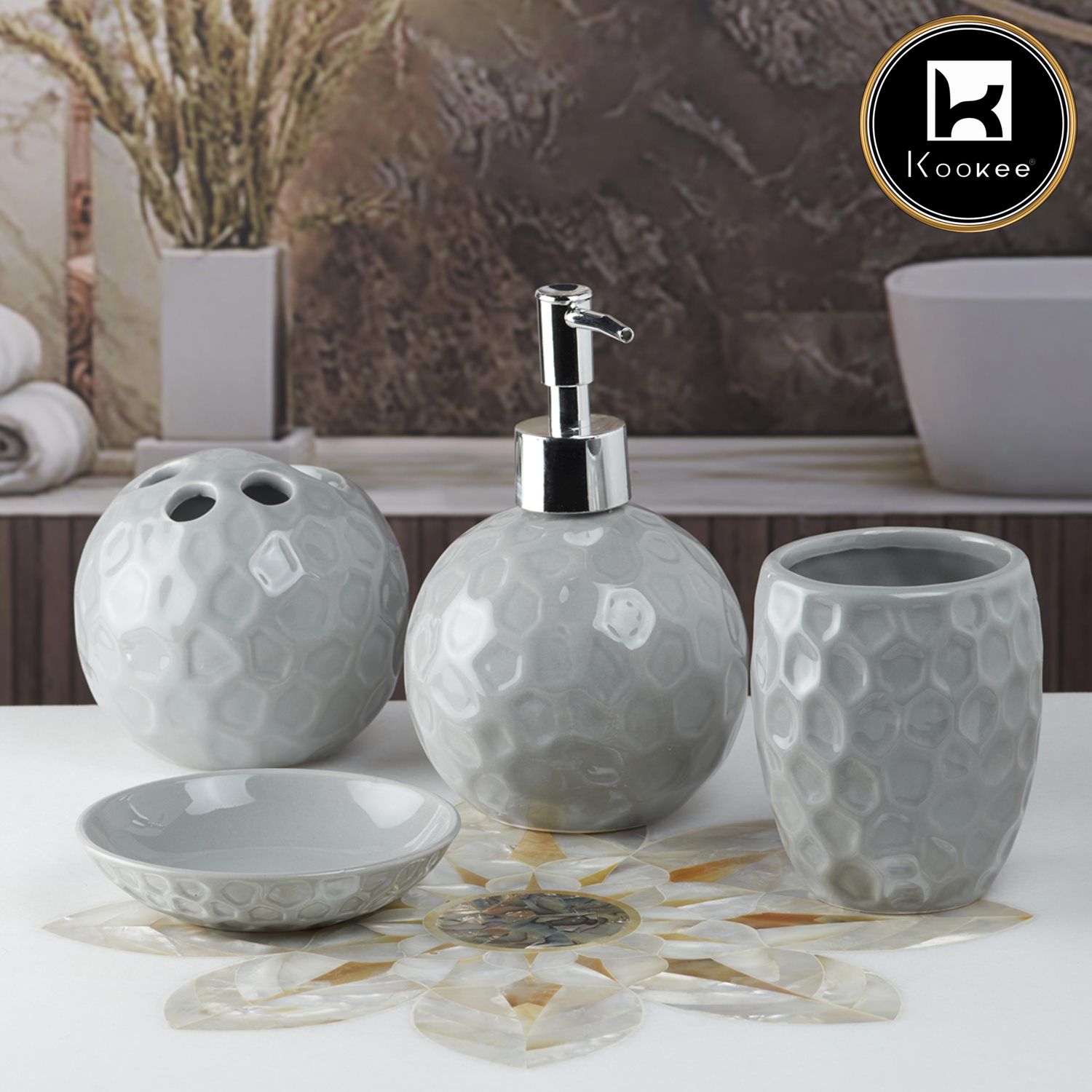 Kookee Ceramic Bathroom Accessories Set of 4, Modern Bath Set with Liquid handwash Soap Dispenser and Toothbrush holder, Luxury Gift Accessory for Home, Grey