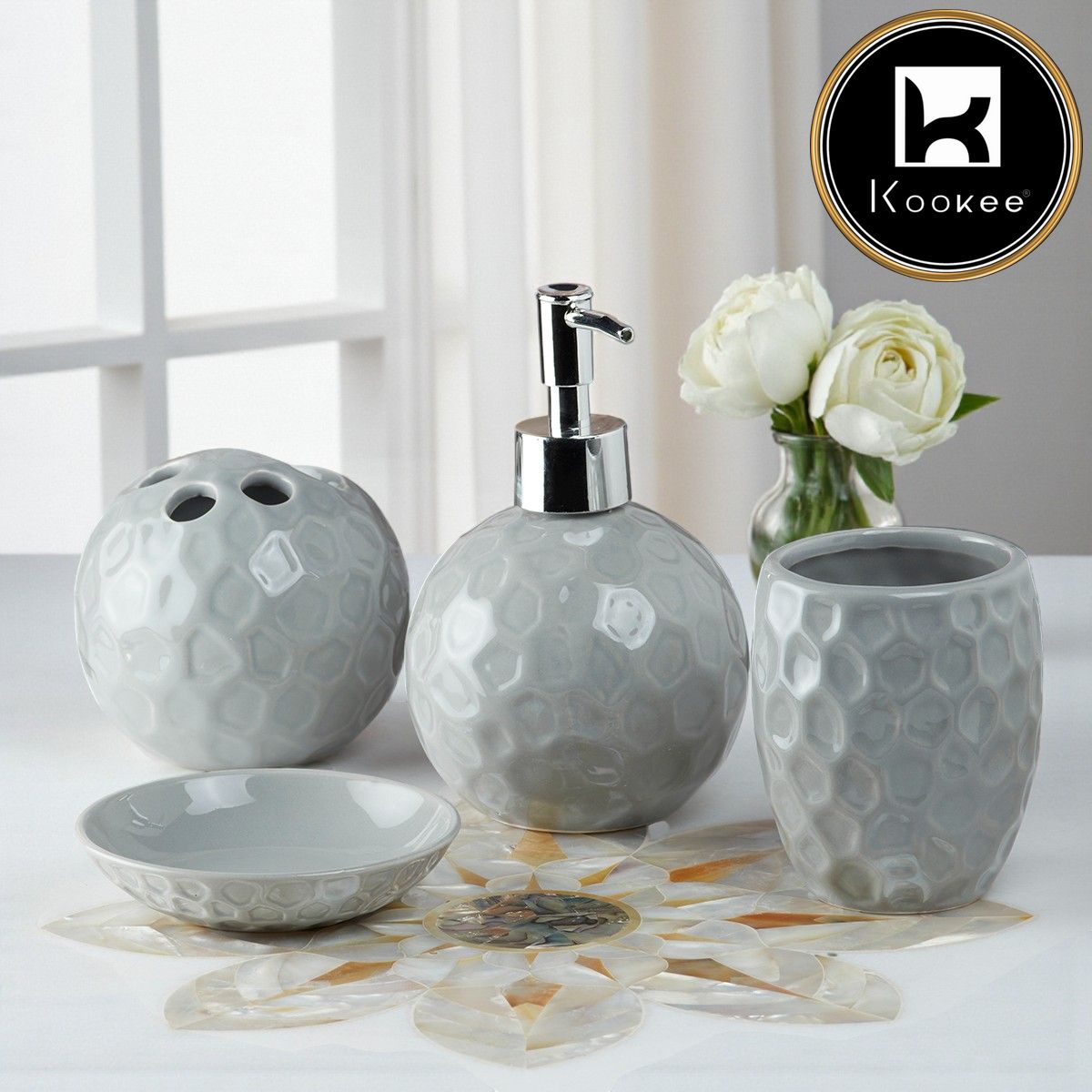 Ceramic Bathroom Set of 4 with Soap Dispenser (8203)