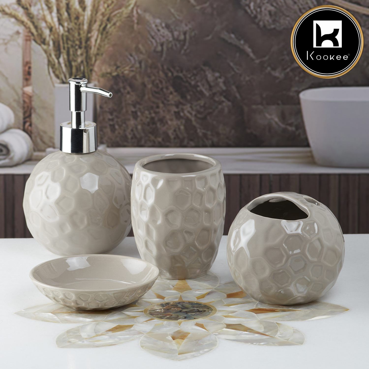 Ceramic Bathroom Set of 4 with Soap Dispenser (8205)