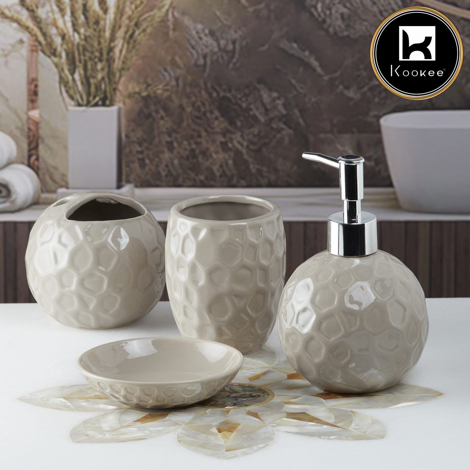 Ceramic Bathroom Set of 4 with Soap Dispenser (8205)