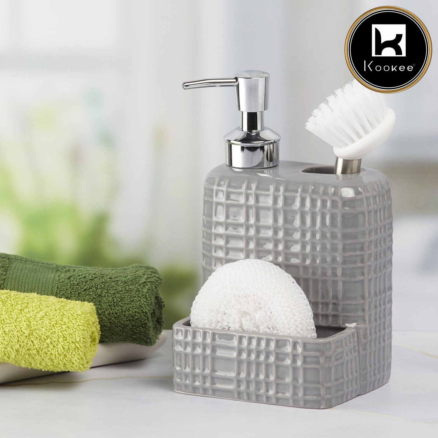 Kookee Ceramic Soap Dispenser with Stylish Refillable Pump Bottle for Bathroom Handwash & Kitchen Wash Basin, Perfect for Hand Soap, Lotion, and more, Dark Grey,