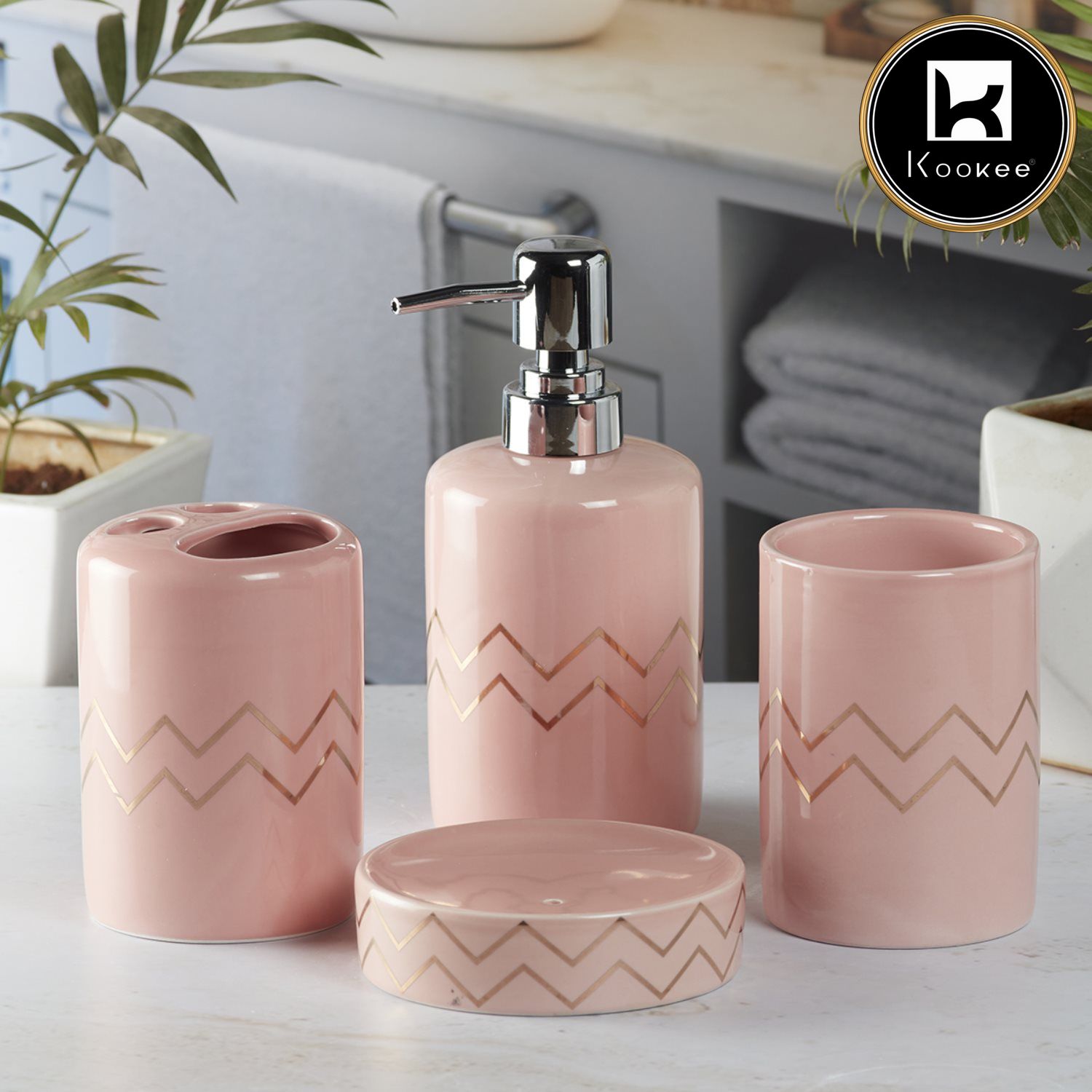 Ceramic Bathroom Set of 4 with Soap Dispenser (8213)