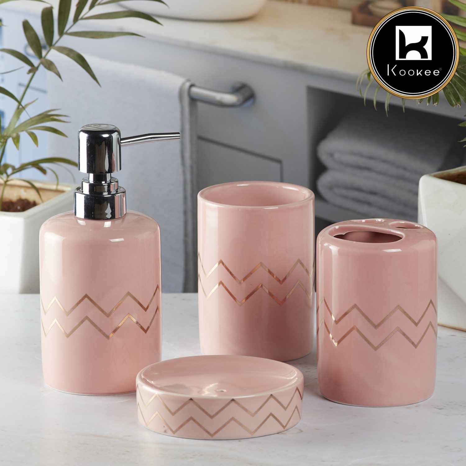 Ceramic Bathroom Set of 4 with Soap Dispenser (8213)