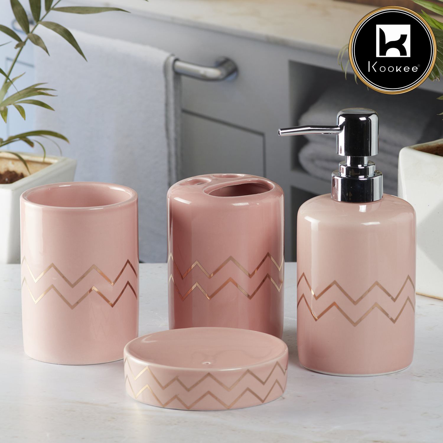 Ceramic Bathroom Set of 4 with Soap Dispenser (8213)