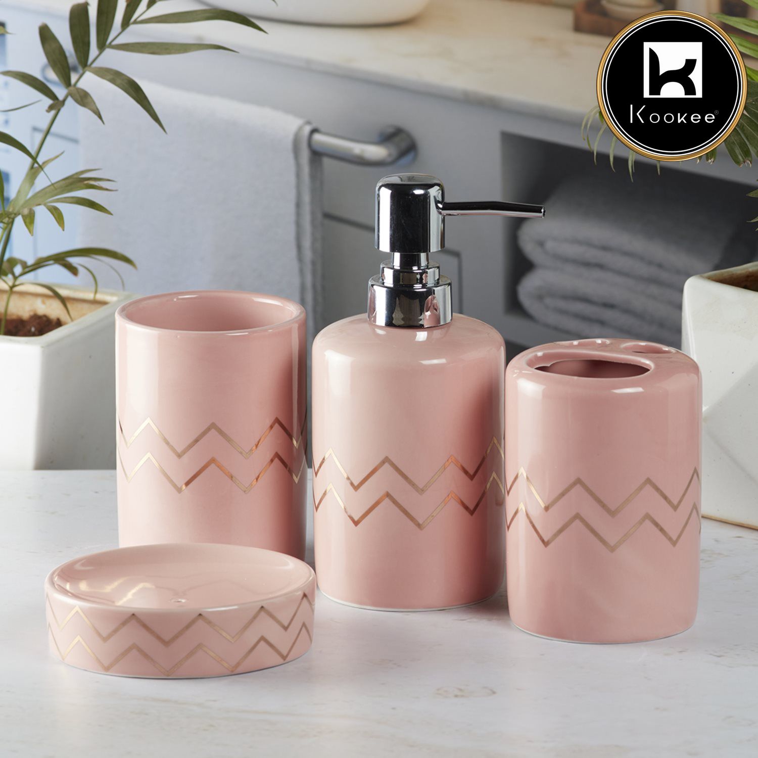 Kookee Ceramic Bathroom Accessories Set of 4, Modern Bath Set with Liquid handwash Soap Dispenser and Toothbrush holder, Luxury Gift Accessory for Home, Pink