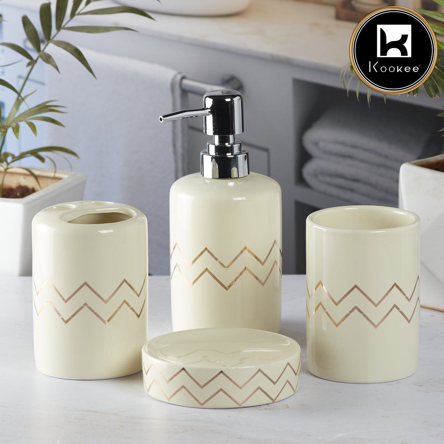 Ceramic Bathroom Set of 4 with Soap Dispenser (8214)