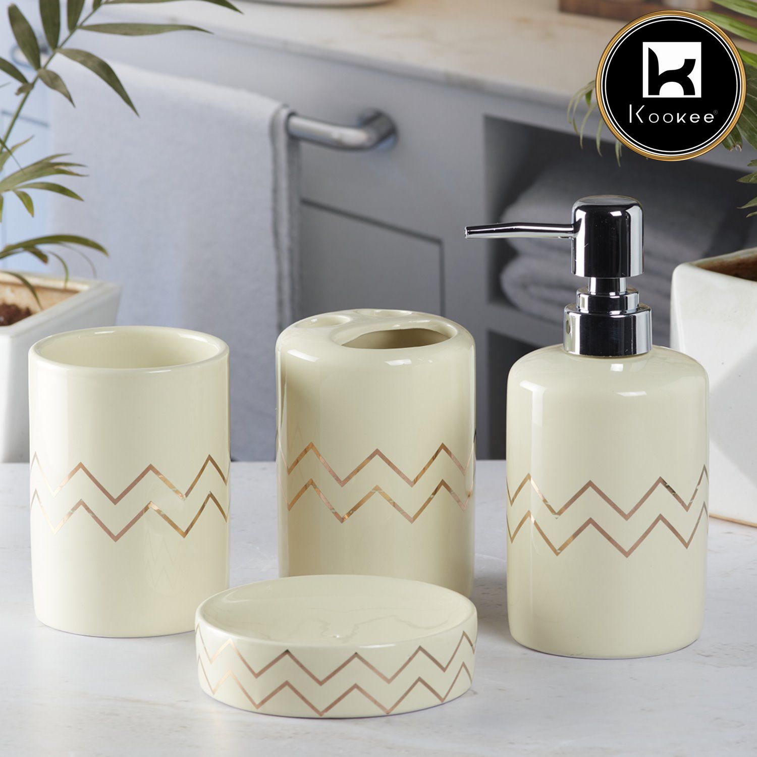 Ceramic Bathroom Set of 4 with Soap Dispenser (8214)