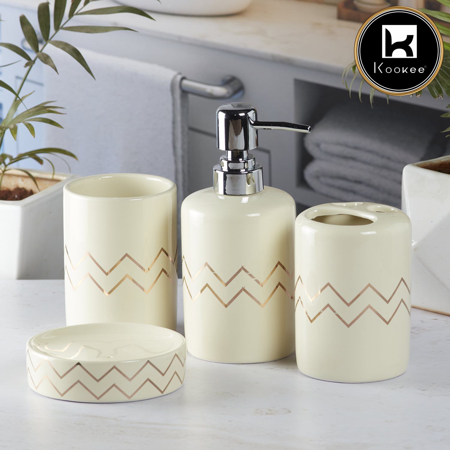 Ceramic Bathroom Set of 4 with Soap Dispenser (8214)