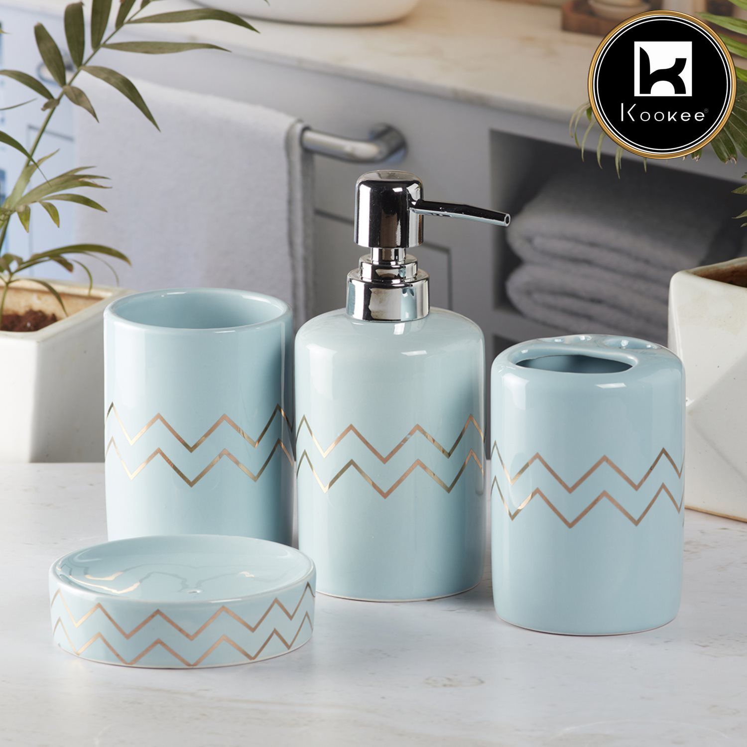 Kookee Ceramic Bathroom Accessories Set of 4, Modern Bath Set with Liquid handwash Soap Dispenser and Toothbrush holder, Luxury Gift Accessory for Home