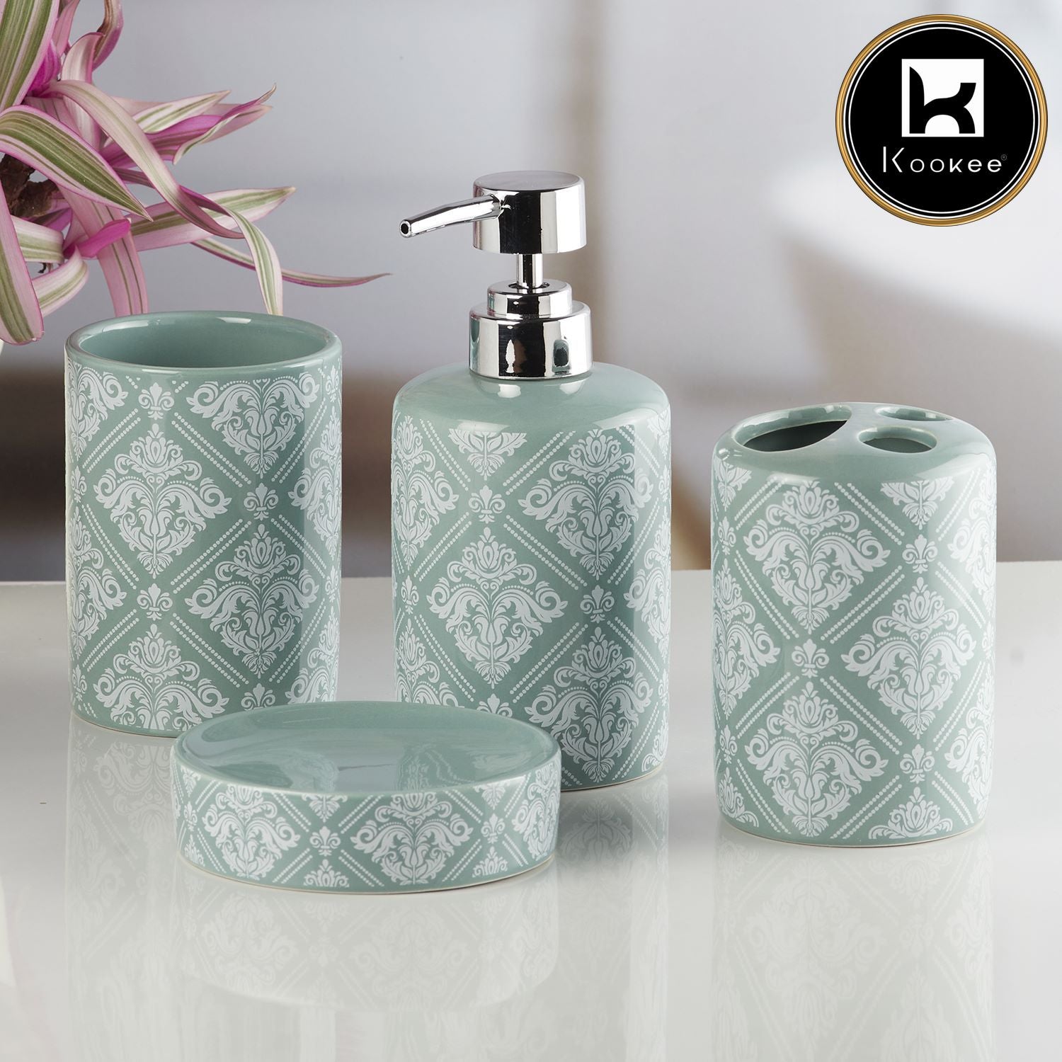 Ceramic Bathroom Accessories Set of 4 with Soap Dispenser (8218)