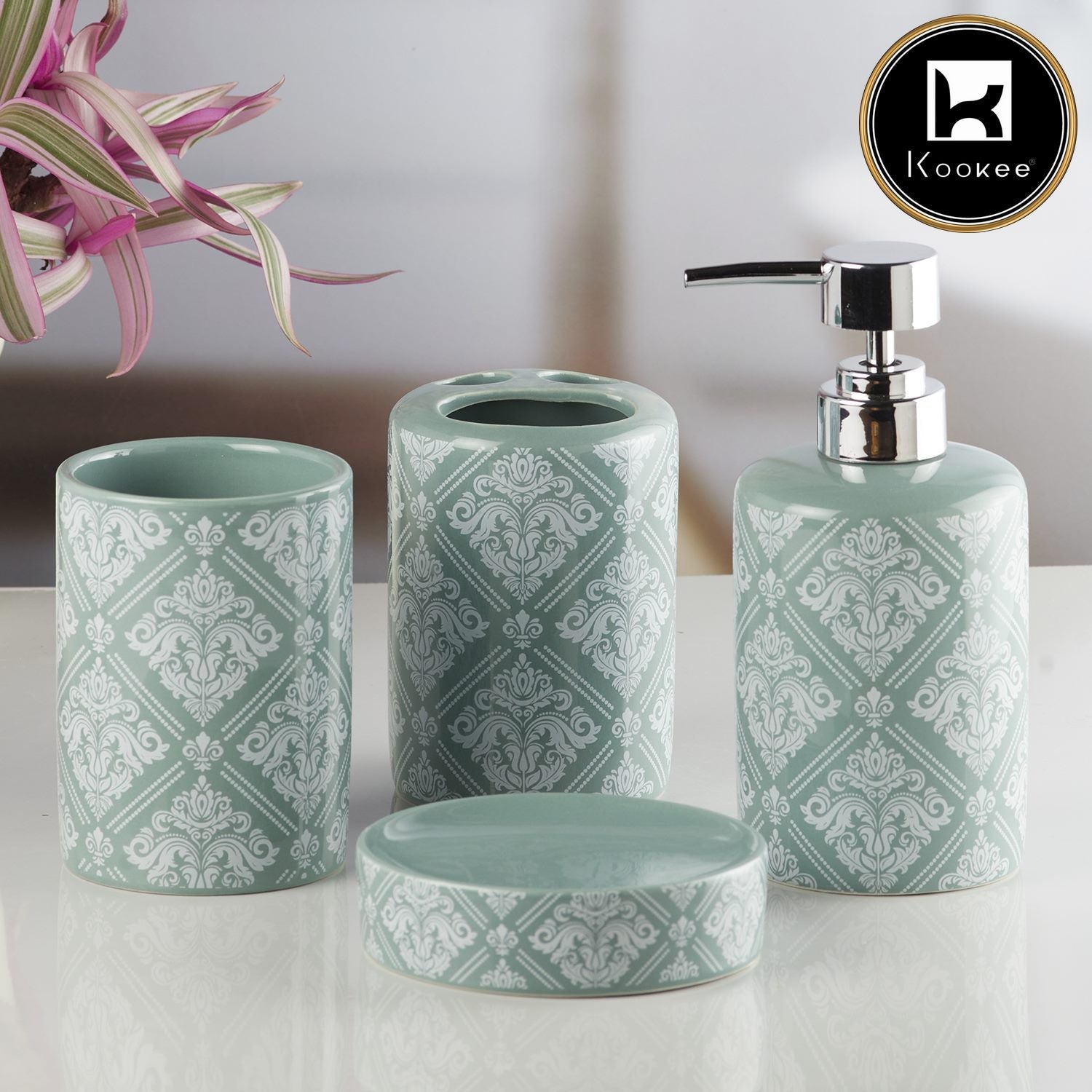 Ceramic Bathroom Accessories Set of 4 with Soap Dispenser (8218)