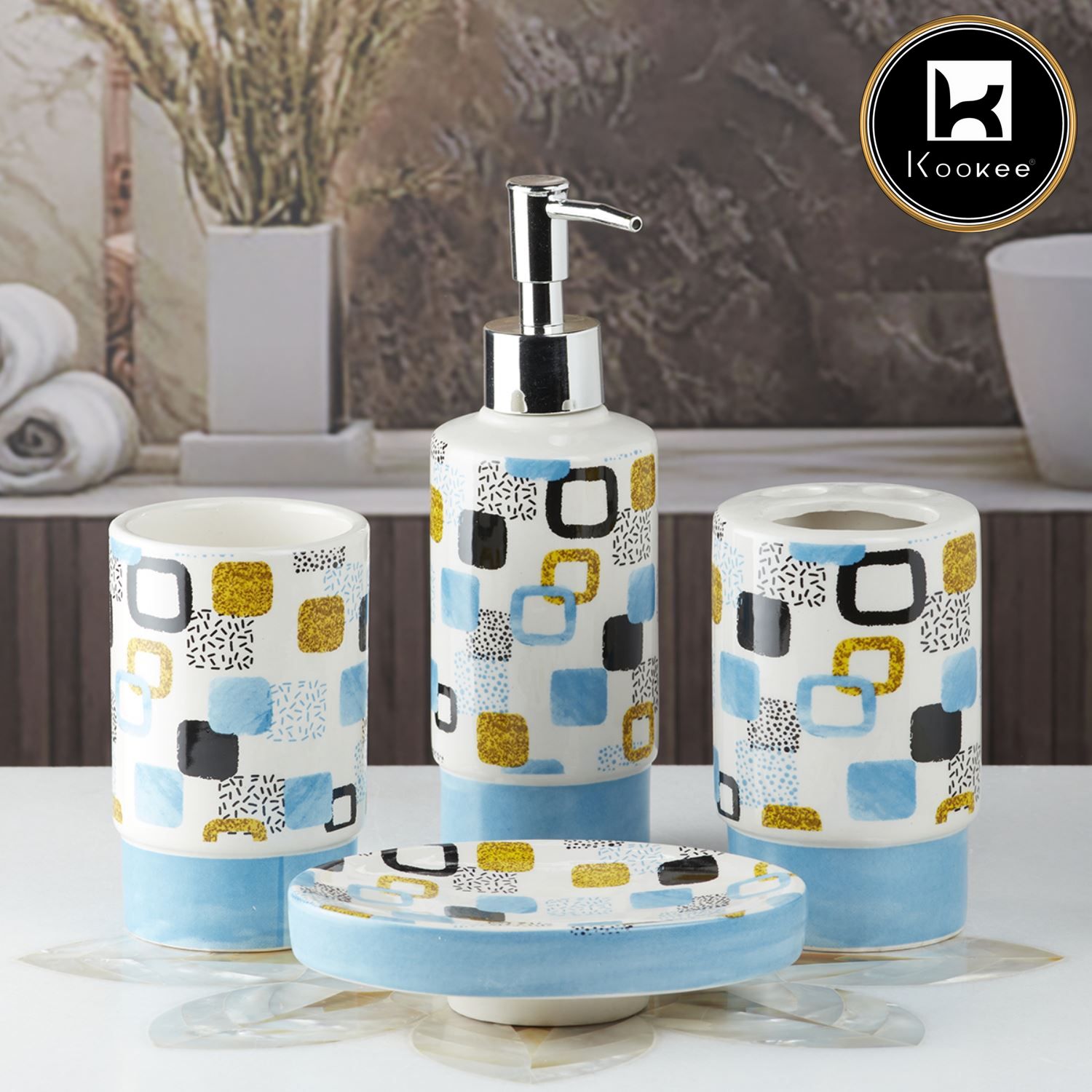 Ceramic Bathroom Set of 4 with Soap Dispenser (8222)