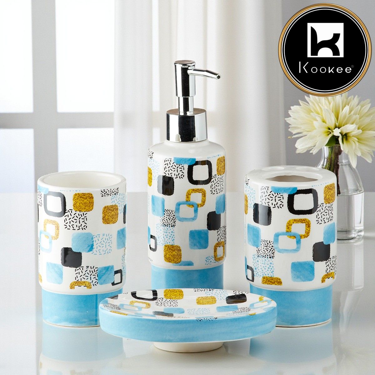 Ceramic Bathroom Set of 4 with Soap Dispenser (8222)