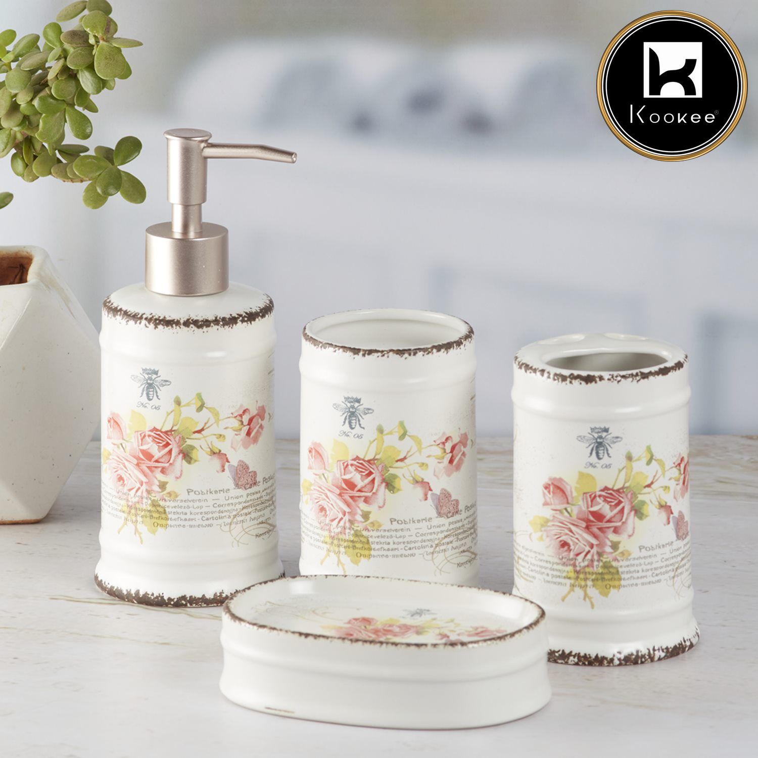 Ceramic Bathroom Set of 4 with Soap Dispenser (8225)