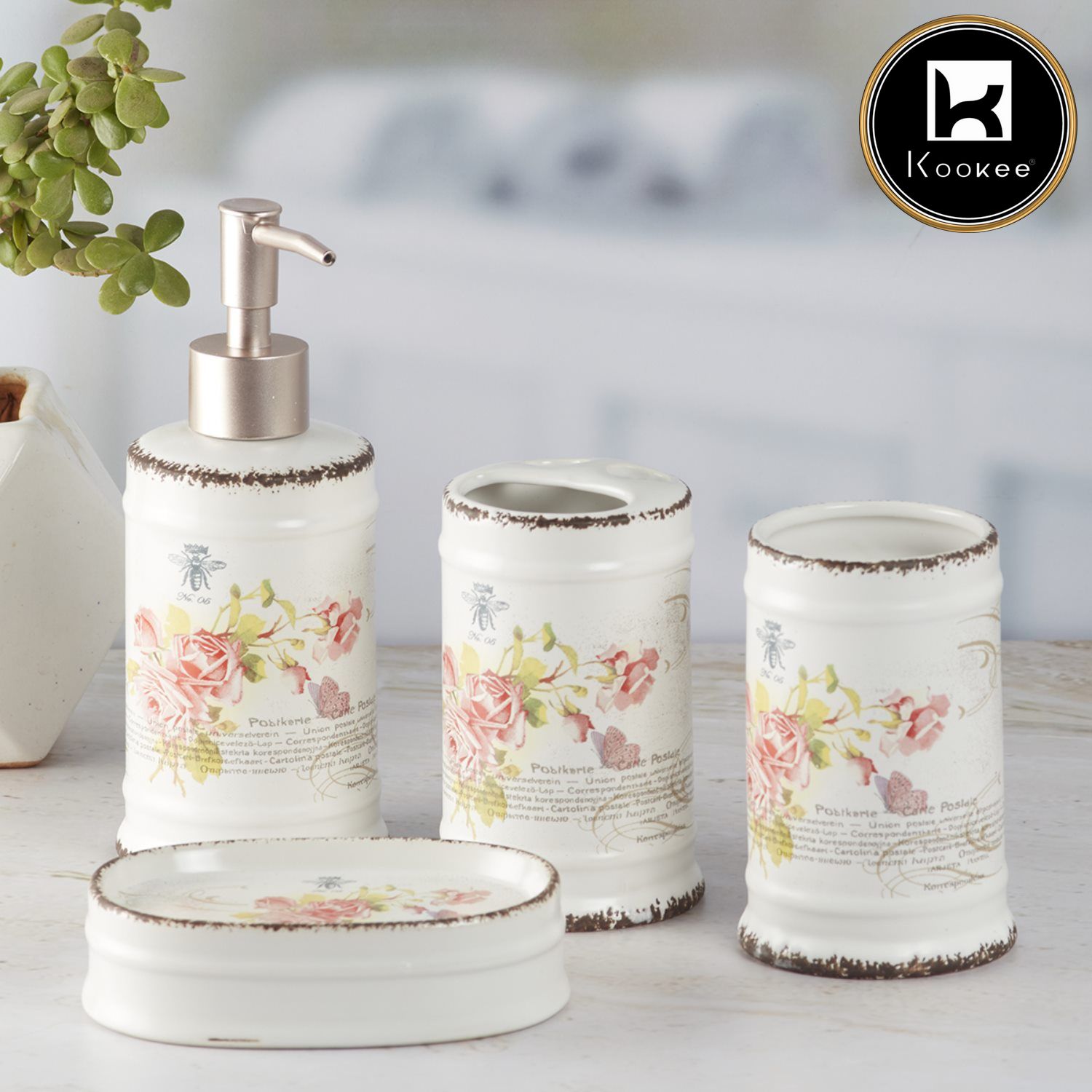 Ceramic Bathroom Set of 4 with Soap Dispenser (8225)