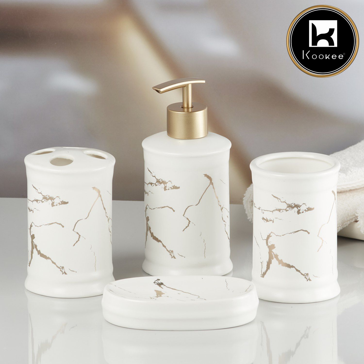 Ceramic Bathroom Accessories Set of 4 with Soap Dispenser (8226)