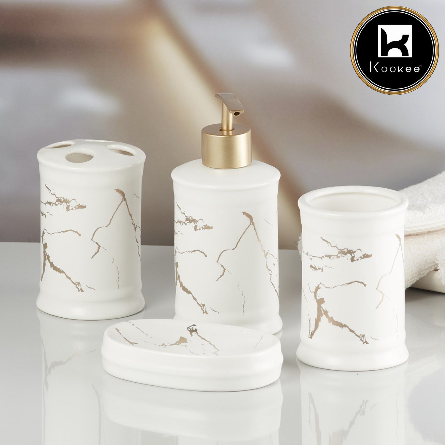 Kookee Ceramic Bathroom Accessories Set of 4, Modern Bath Set with Liquid handwash Soap Dispenser and Toothbrush holder, Luxury Gift Accessory for Home, White/Gold