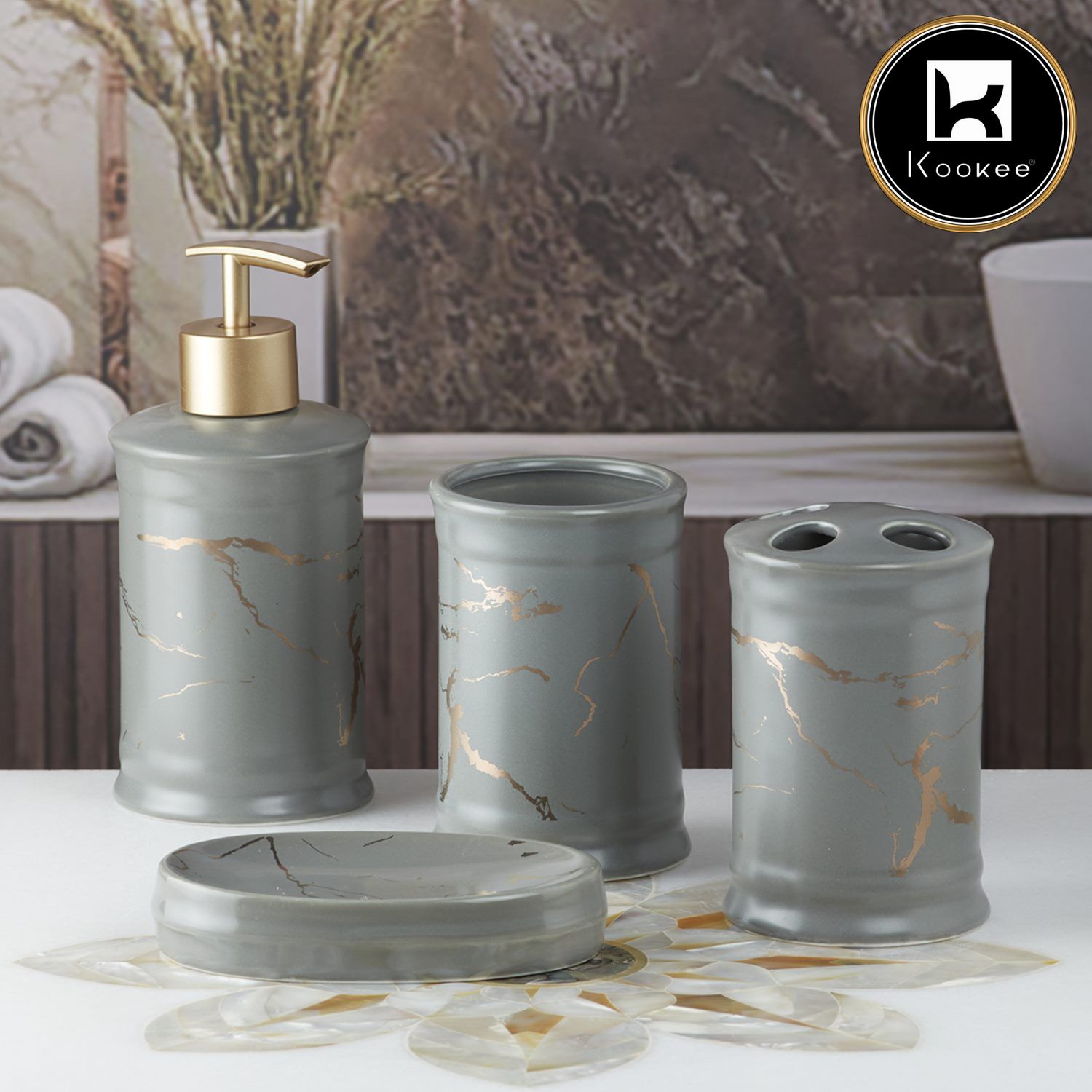 Ceramic Bathroom Accessories Set of 4 with Soap Dispenser (8227)